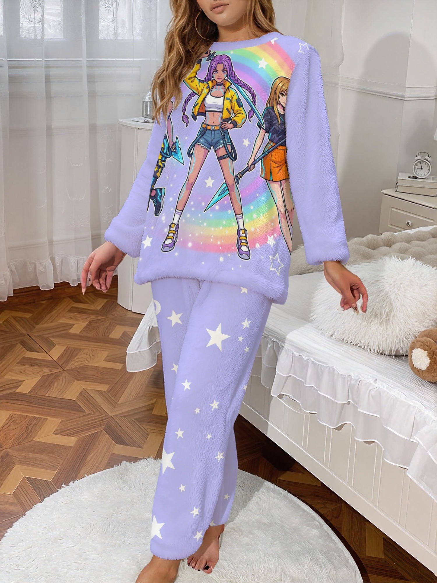 Anime Girl Group Rainbow Flannel Pajama Set | Soft Fuzzy Winter Loungewear (Lavender/Bright Pink/Light Pink)