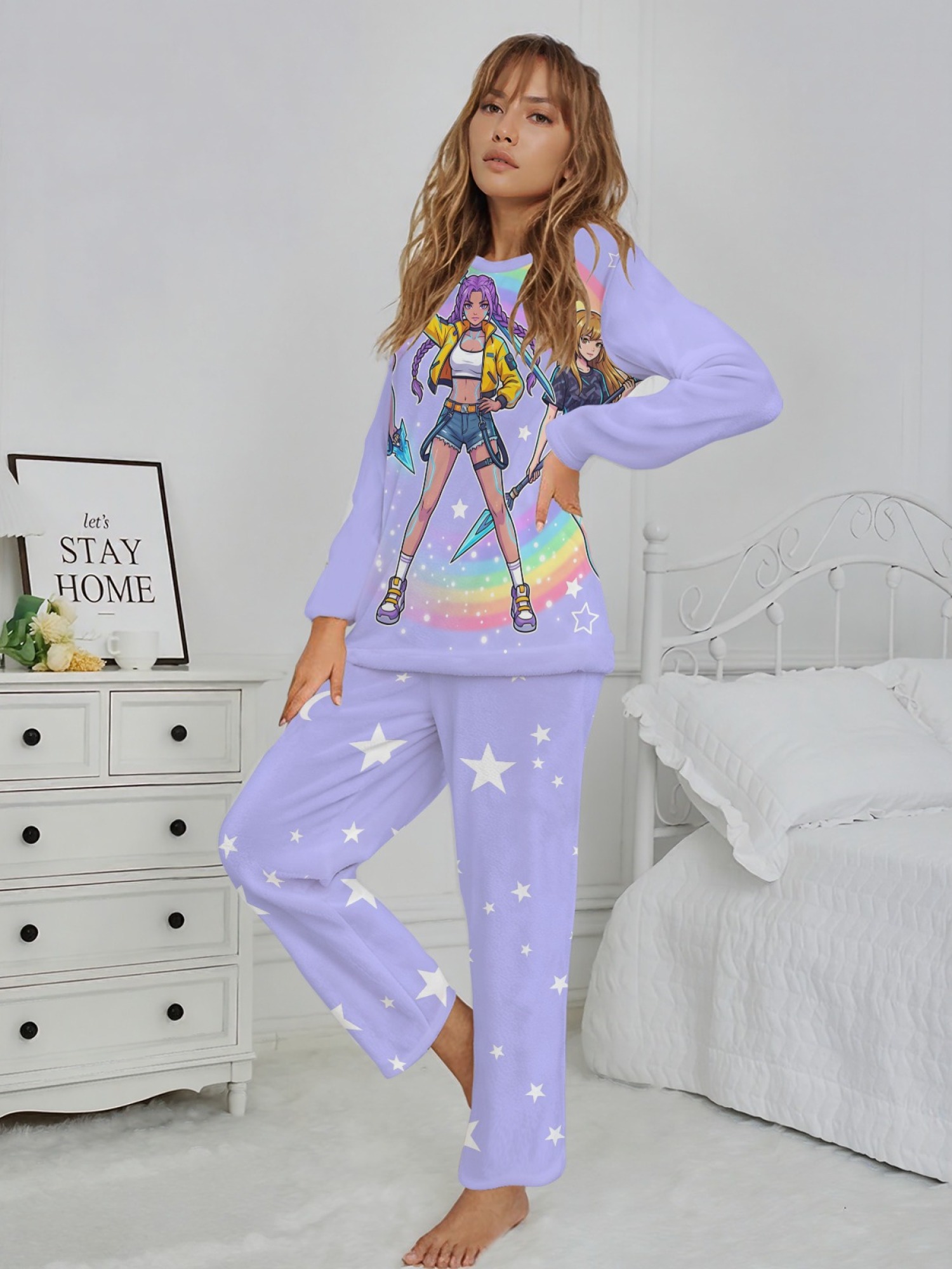 Anime Girl Group Rainbow Flannel Pajama Set | Soft Fuzzy Winter Loungewear (Lavender/Bright Pink/Light Pink)