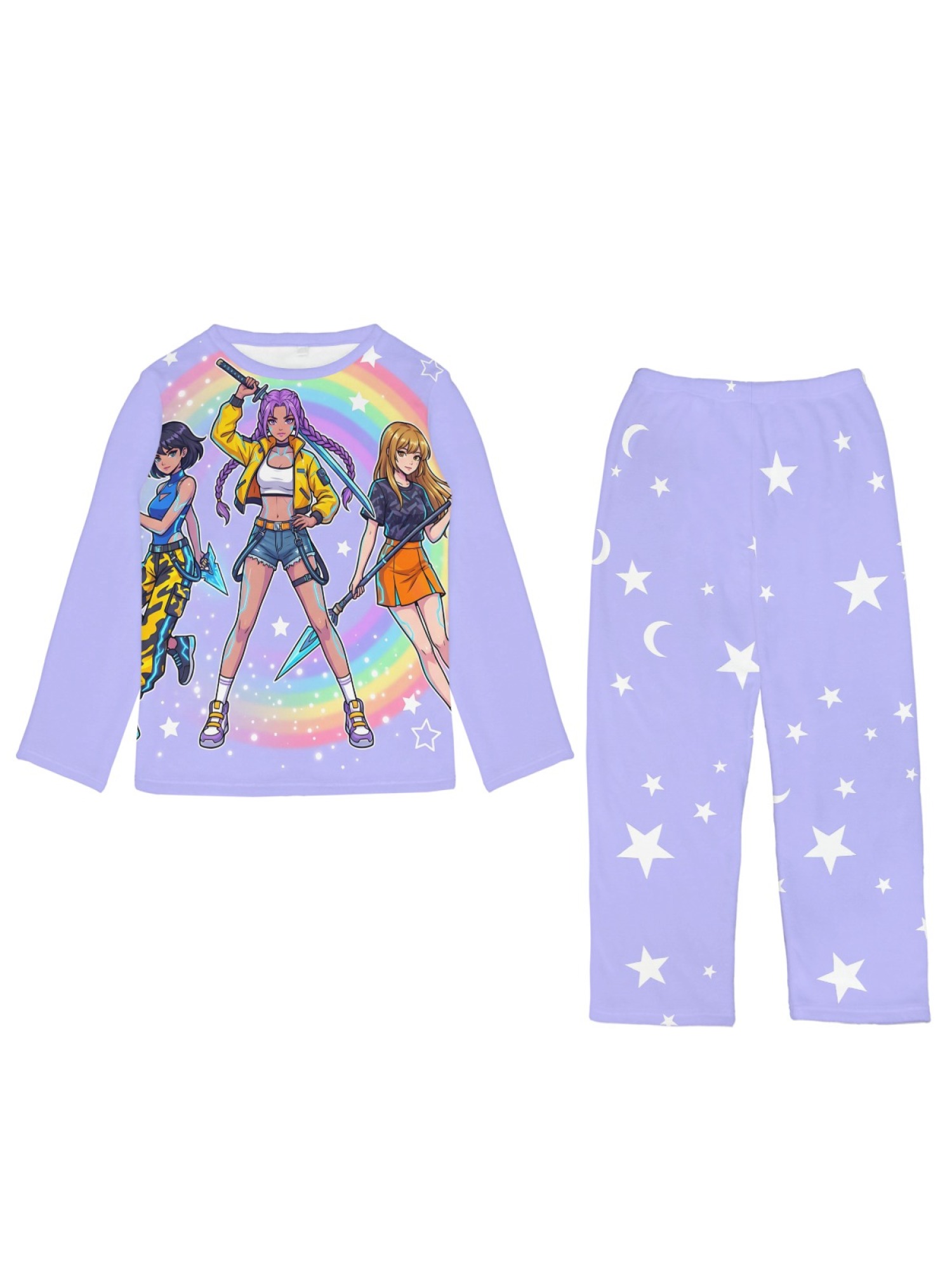 Anime Girl Group Rainbow Flannel Pajama Set | Soft Fuzzy Winter Loungewear (Lavender/Bright Pink/Light Pink)