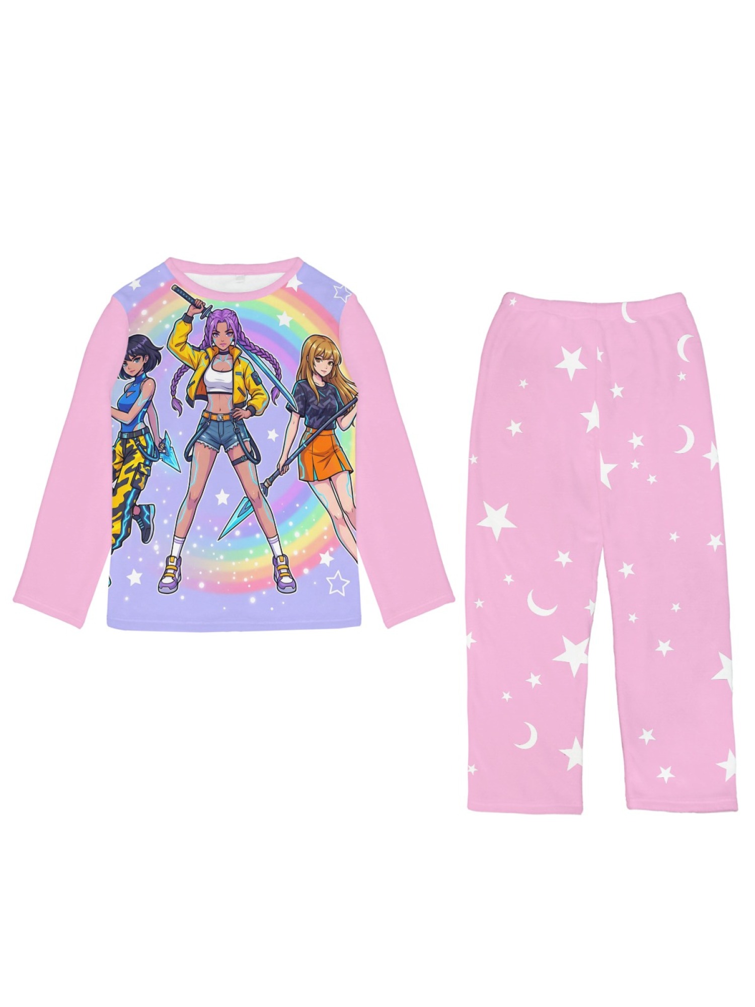 Anime Girl Group Rainbow Flannel Pajama Set | Soft Fuzzy Winter Loungewear (Lavender/Bright Pink/Light Pink)
