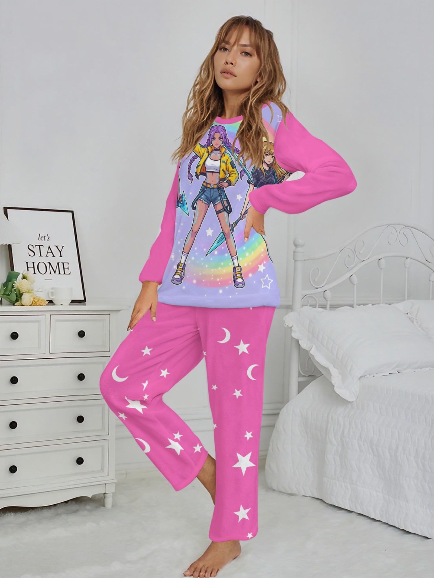 Anime Girl Group Rainbow Flannel Pajama Set | Soft Fuzzy Winter Loungewear (Lavender/Bright Pink/Light Pink)