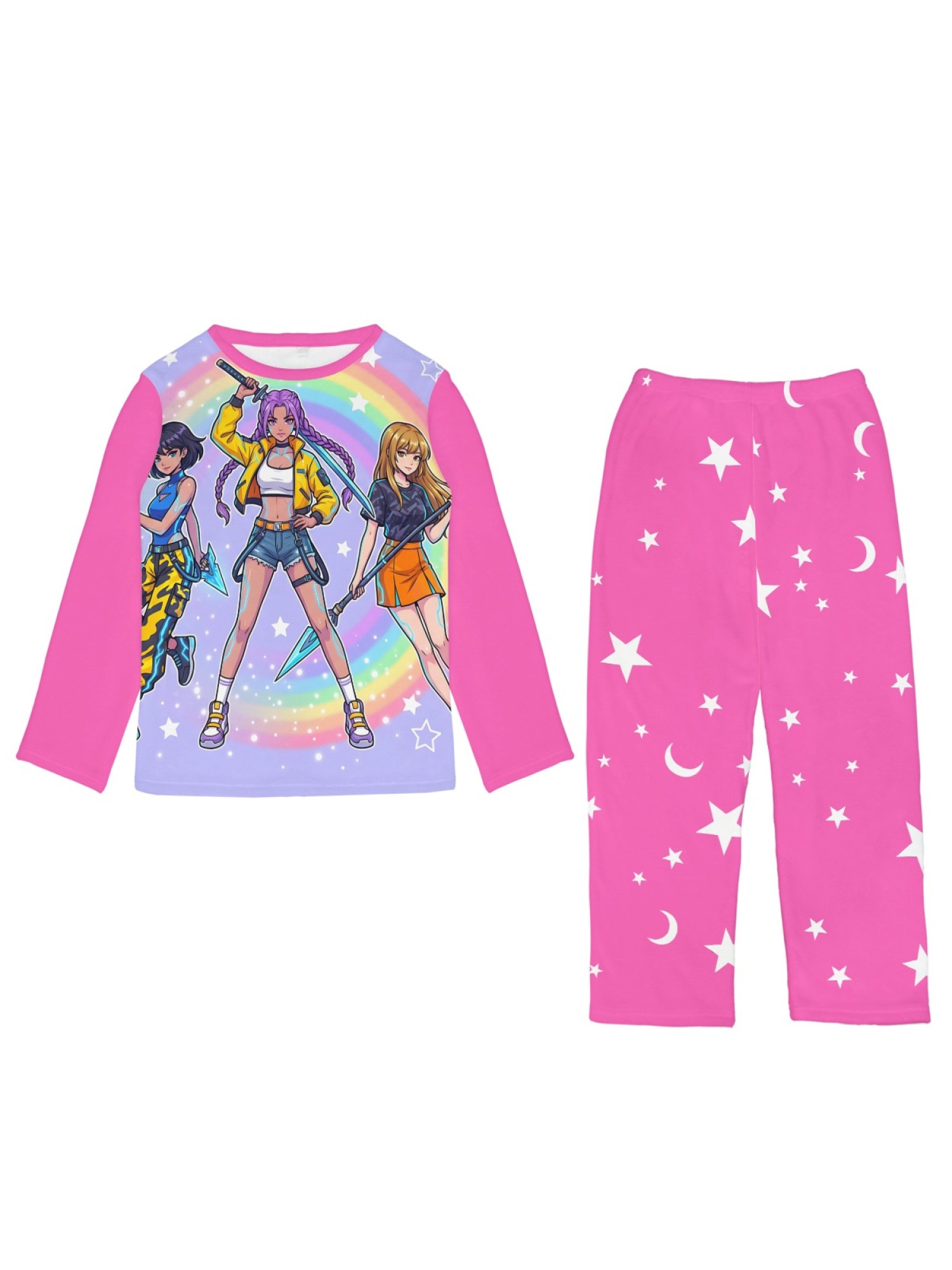 Anime Girl Group Rainbow Flannel Pajama Set | Soft Fuzzy Winter Loungewear (Lavender/Bright Pink/Light Pink)