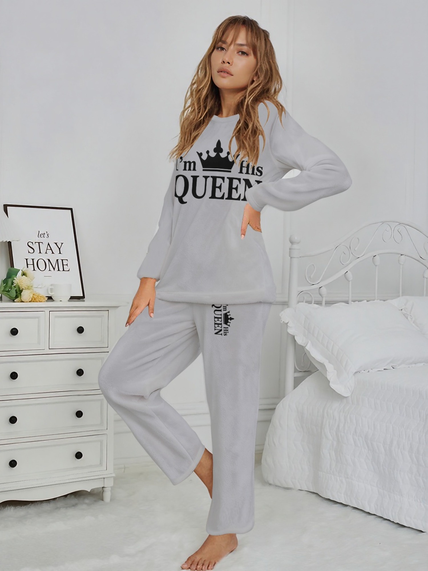 Women's "I'm His Queen" Crown Printed Flannel Pajama Set - Warm Fuzzy Sleepwear (6 Colors: Light Gray/Pink/Black/Navy/Orange/Light Blue)