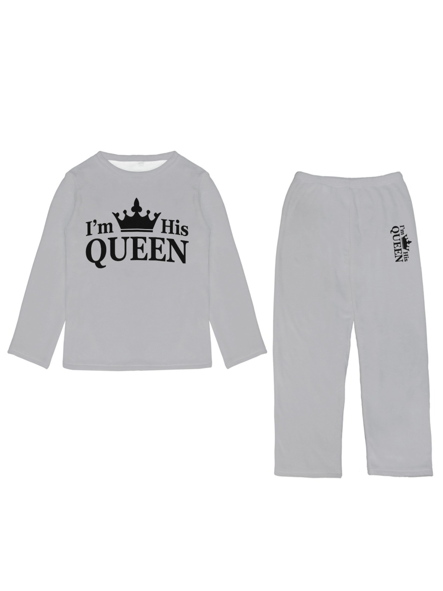 Women's "I'm His Queen" Crown Printed Flannel Pajama Set - Warm Fuzzy Sleepwear (6 Colors: Light Gray/Pink/Black/Navy/Orange/Light Blue)