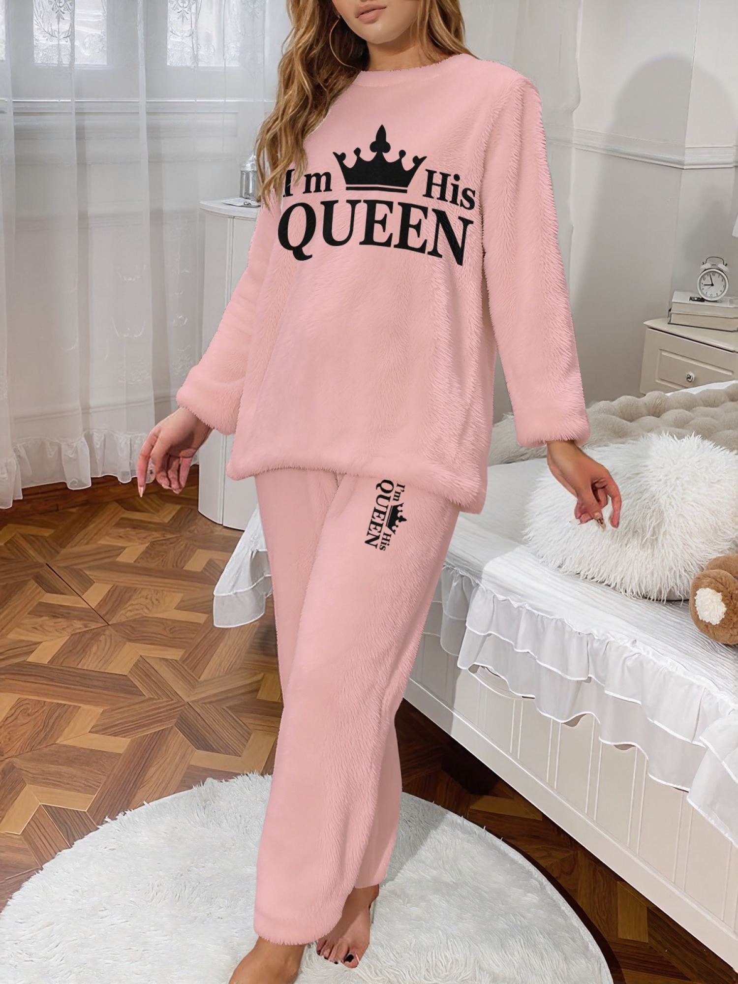 Women's "I'm His Queen" Crown Printed Flannel Pajama Set - Warm Fuzzy Sleepwear (6 Colors: Light Gray/Pink/Black/Navy/Orange/Light Blue)