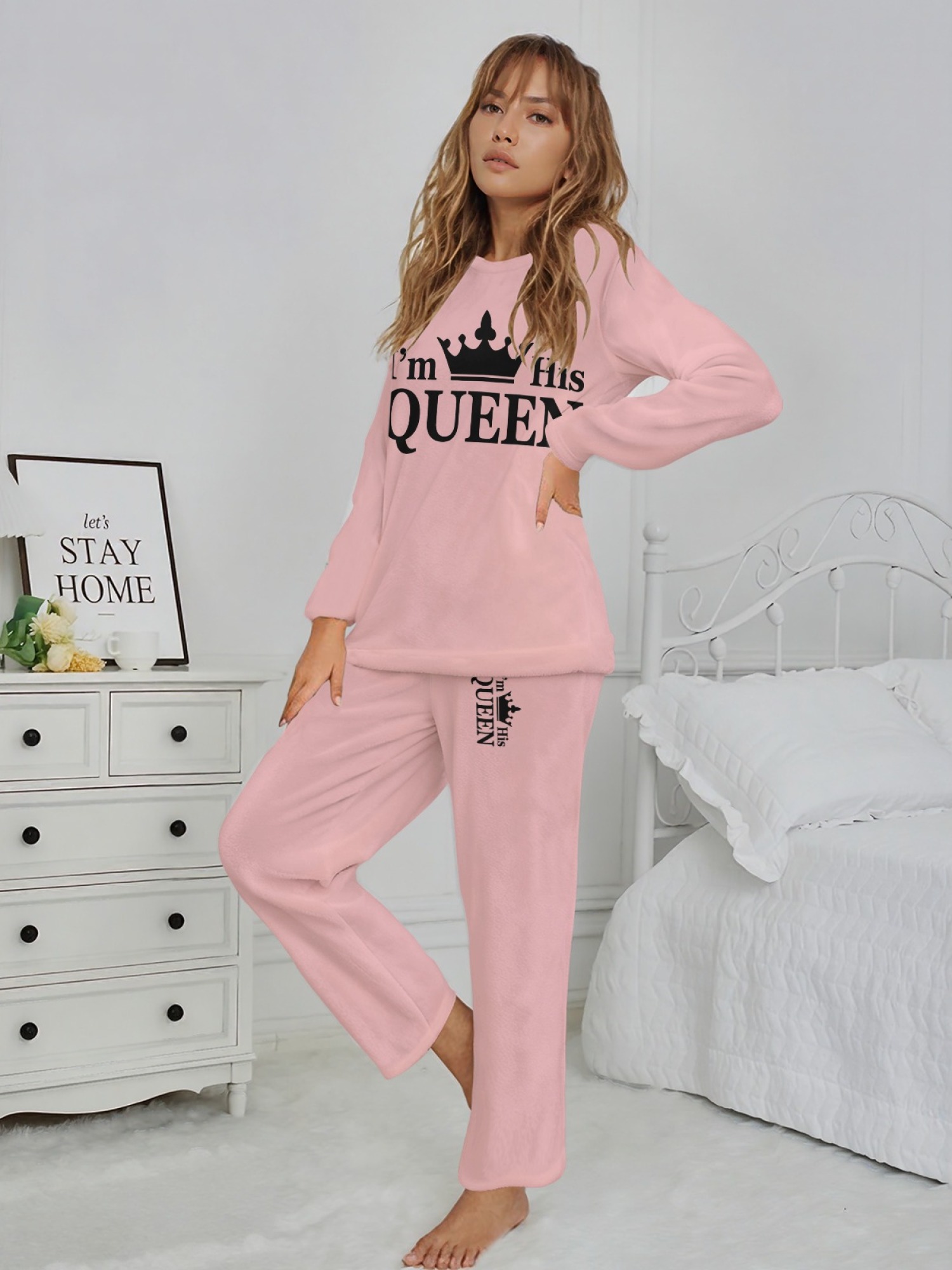 Women's "I'm His Queen" Crown Printed Flannel Pajama Set - Warm Fuzzy Sleepwear (6 Colors: Light Gray/Pink/Black/Navy/Orange/Light Blue)