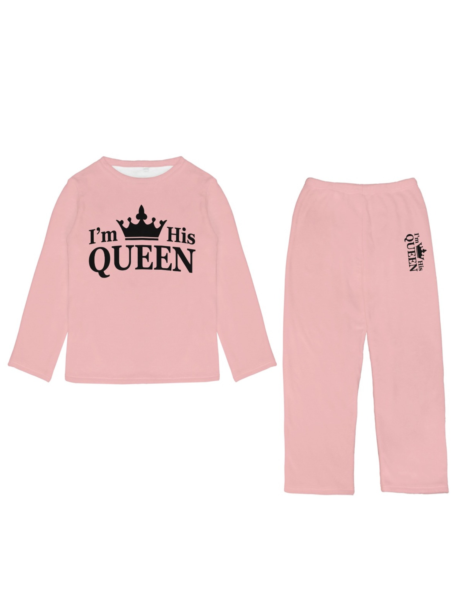 Women's "I'm His Queen" Crown Printed Flannel Pajama Set - Warm Fuzzy Sleepwear (6 Colors: Light Gray/Pink/Black/Navy/Orange/Light Blue)