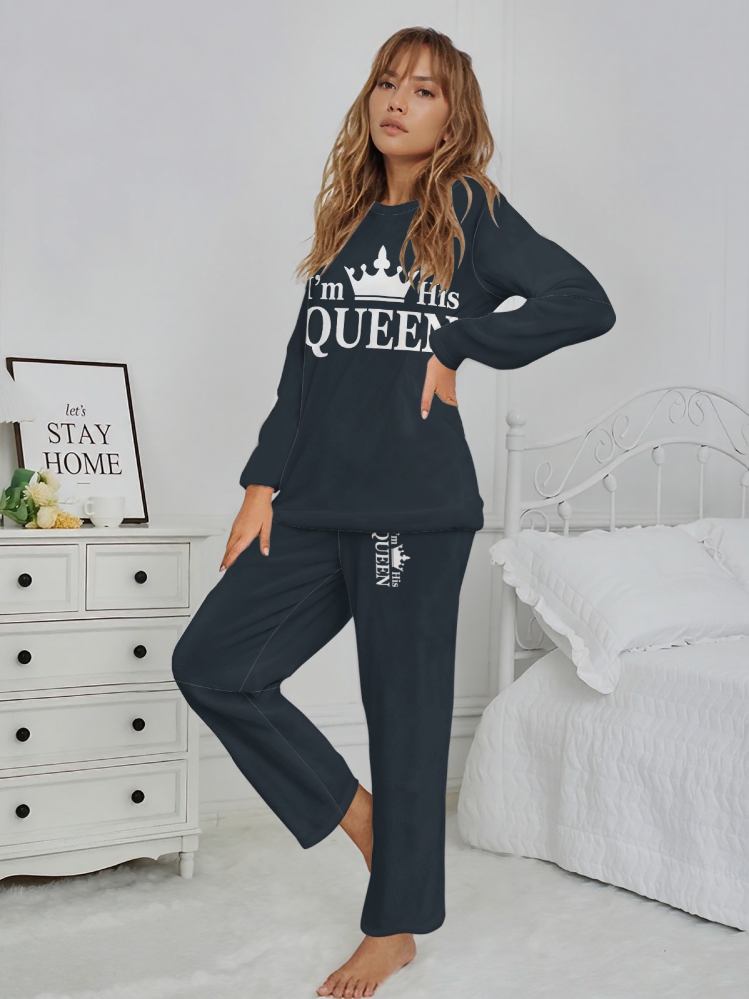 Women's "I'm His Queen" Crown Printed Flannel Pajama Set - Warm Fuzzy Sleepwear (6 Colors: Light Gray/Pink/Black/Navy/Orange/Light Blue)