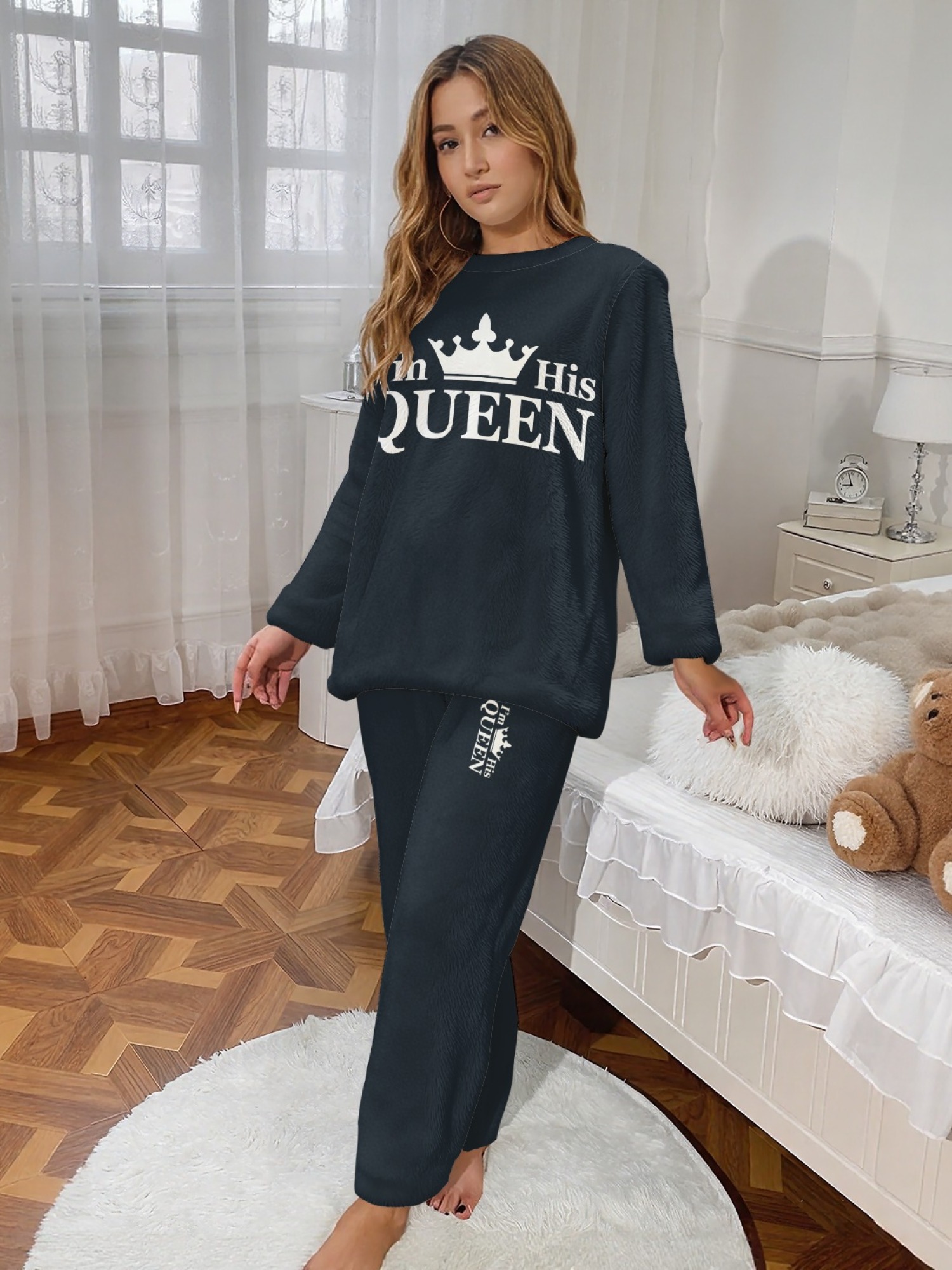 Women's "I'm His Queen" Crown Printed Flannel Pajama Set - Warm Fuzzy Sleepwear (6 Colors: Light Gray/Pink/Black/Navy/Orange/Light Blue)