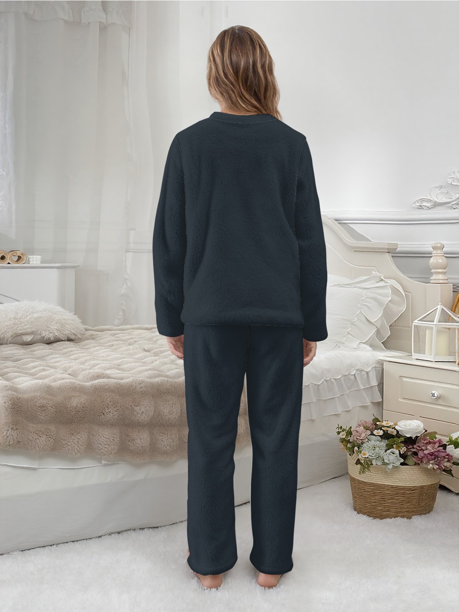 Women's "I'm His Queen" Crown Printed Flannel Pajama Set - Warm Fuzzy Sleepwear (6 Colors: Light Gray/Pink/Black/Navy/Orange/Light Blue)