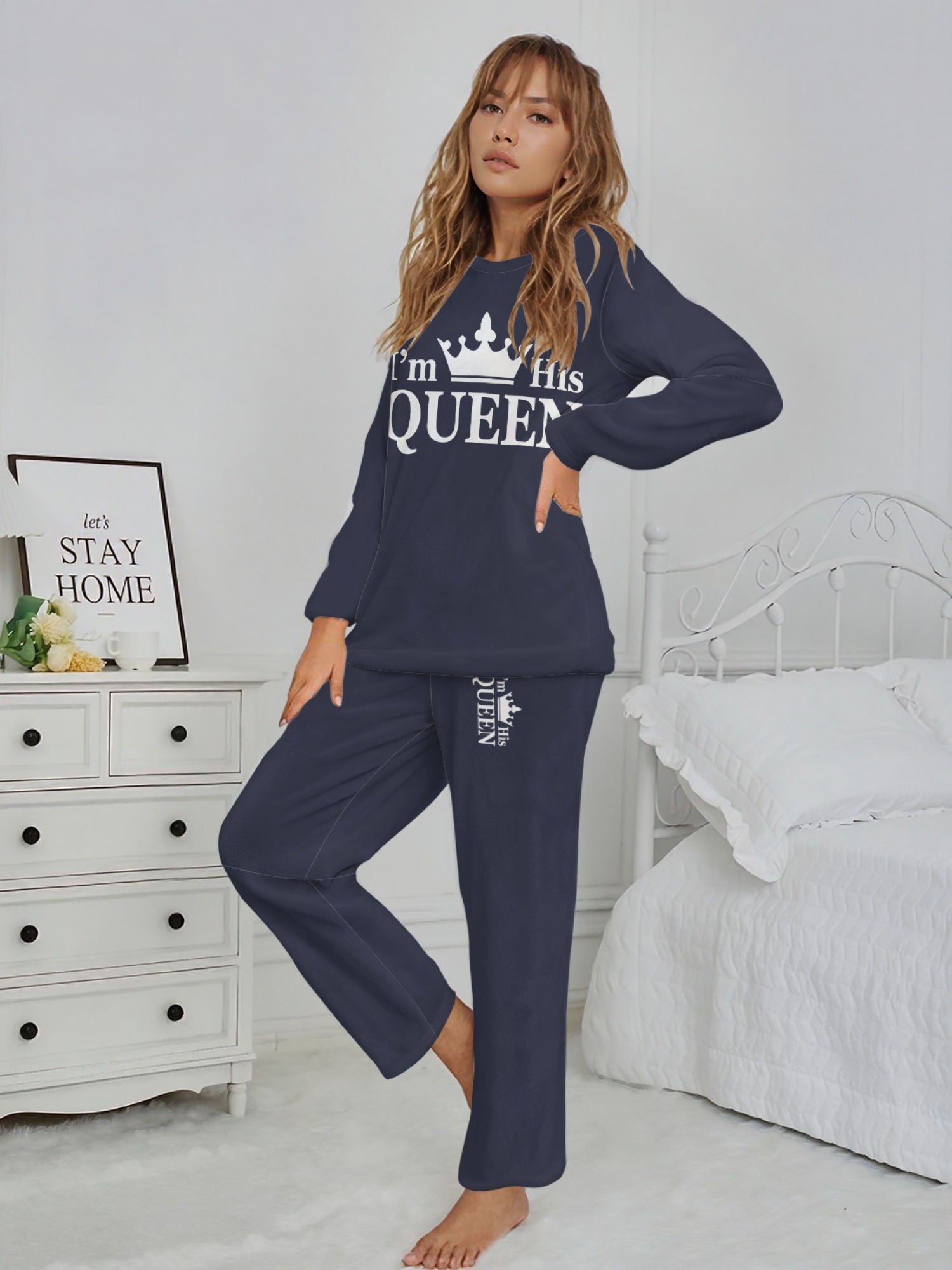 Women's "I'm His Queen" Crown Printed Flannel Pajama Set - Warm Fuzzy Sleepwear (6 Colors: Light Gray/Pink/Black/Navy/Orange/Light Blue)