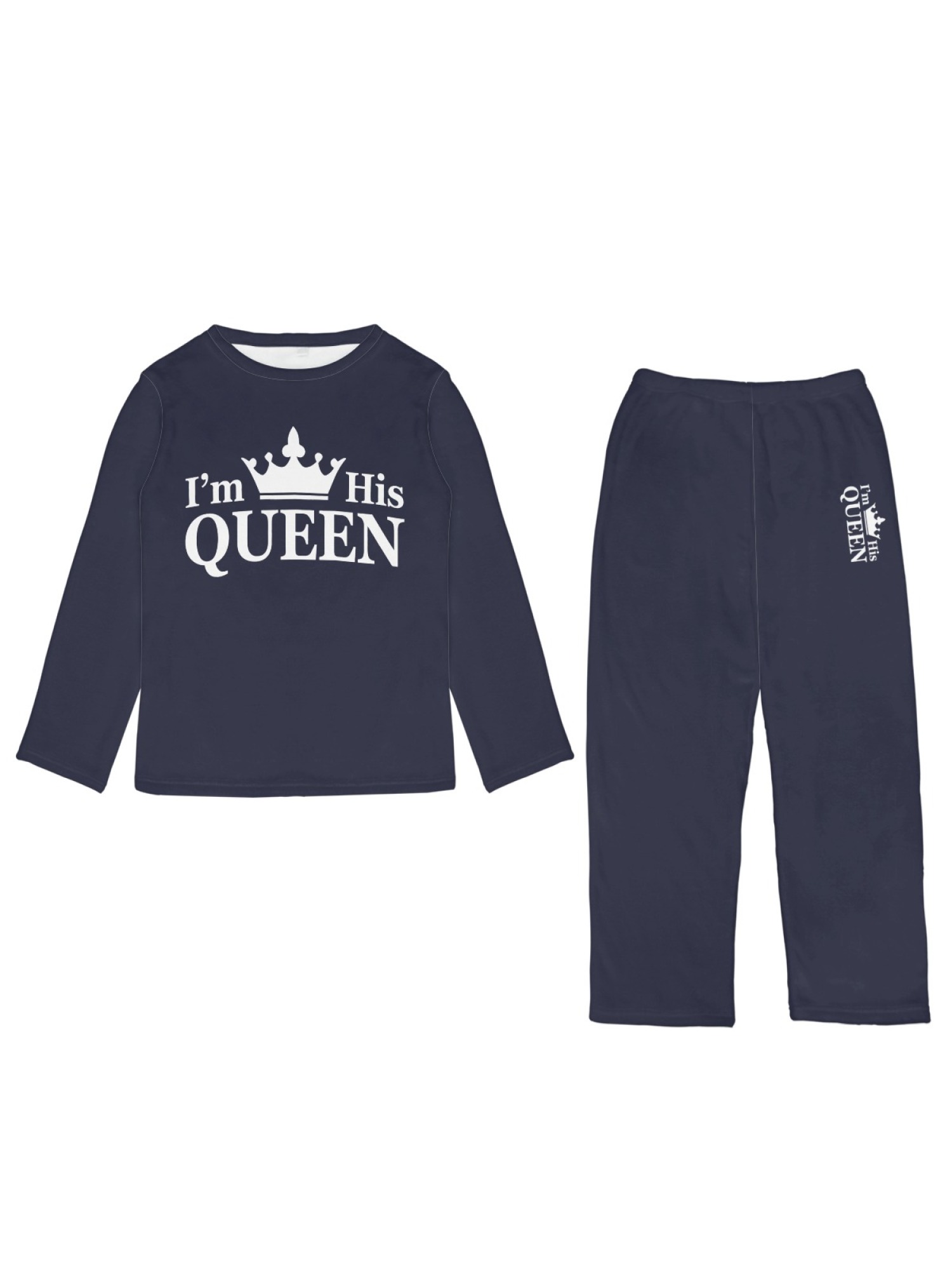 Women's "I'm His Queen" Crown Printed Flannel Pajama Set - Warm Fuzzy Sleepwear (6 Colors: Light Gray/Pink/Black/Navy/Orange/Light Blue)