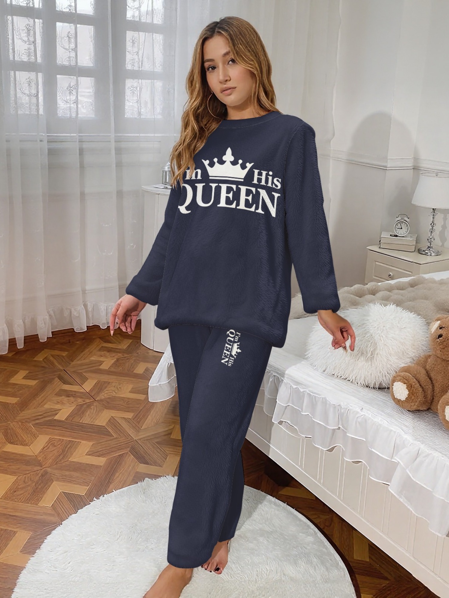 Women's "I'm His Queen" Crown Printed Flannel Pajama Set - Warm Fuzzy Sleepwear (6 Colors: Light Gray/Pink/Black/Navy/Orange/Light Blue)