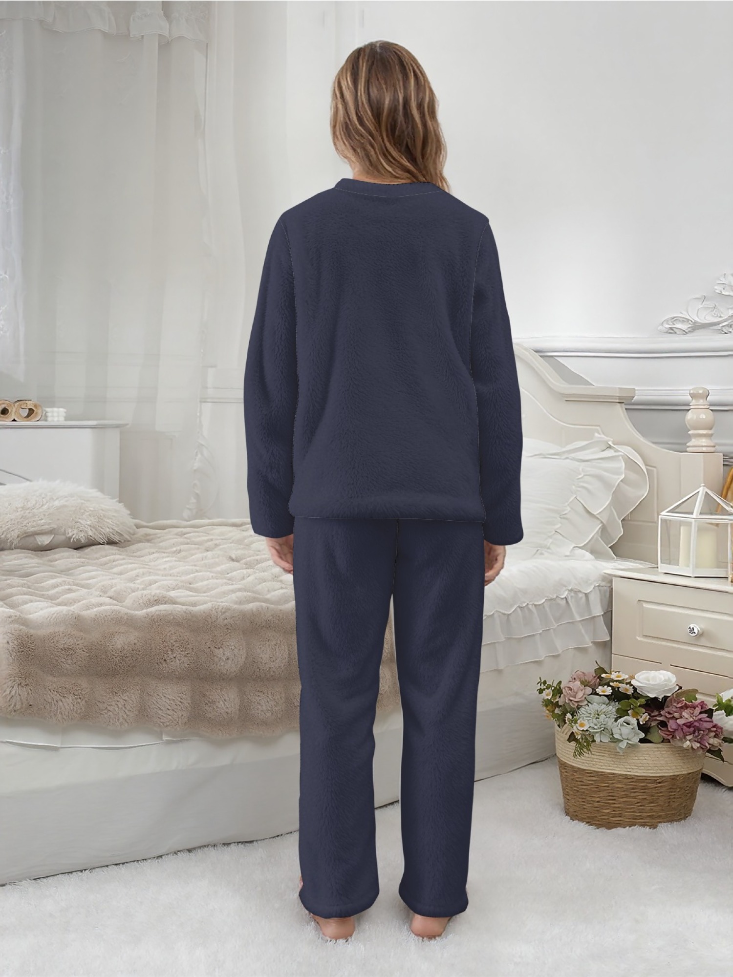 Women's "I'm His Queen" Crown Printed Flannel Pajama Set - Warm Fuzzy Sleepwear (6 Colors: Light Gray/Pink/Black/Navy/Orange/Light Blue)