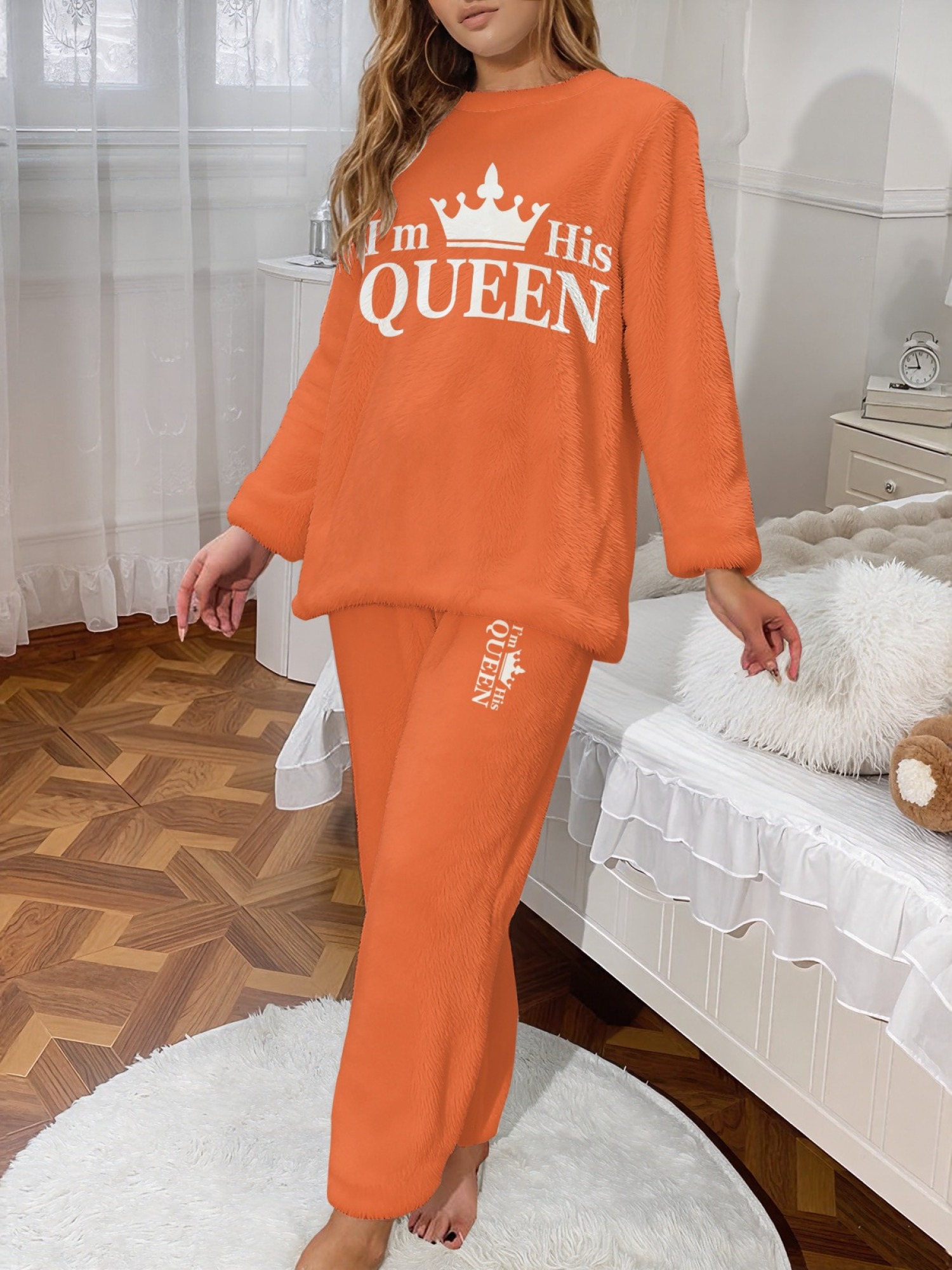 Women's "I'm His Queen" Crown Printed Flannel Pajama Set - Warm Fuzzy Sleepwear (6 Colors: Light Gray/Pink/Black/Navy/Orange/Light Blue)