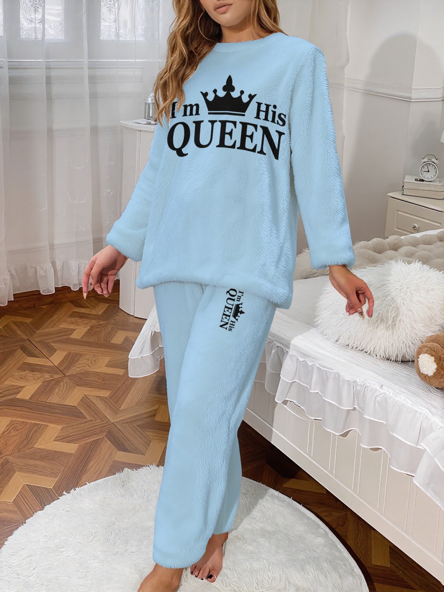 Women's "I'm His Queen" Crown Printed Flannel Pajama Set - Warm Fuzzy Sleepwear (6 Colors: Light Gray/Pink/Black/Navy/Orange/Light Blue)