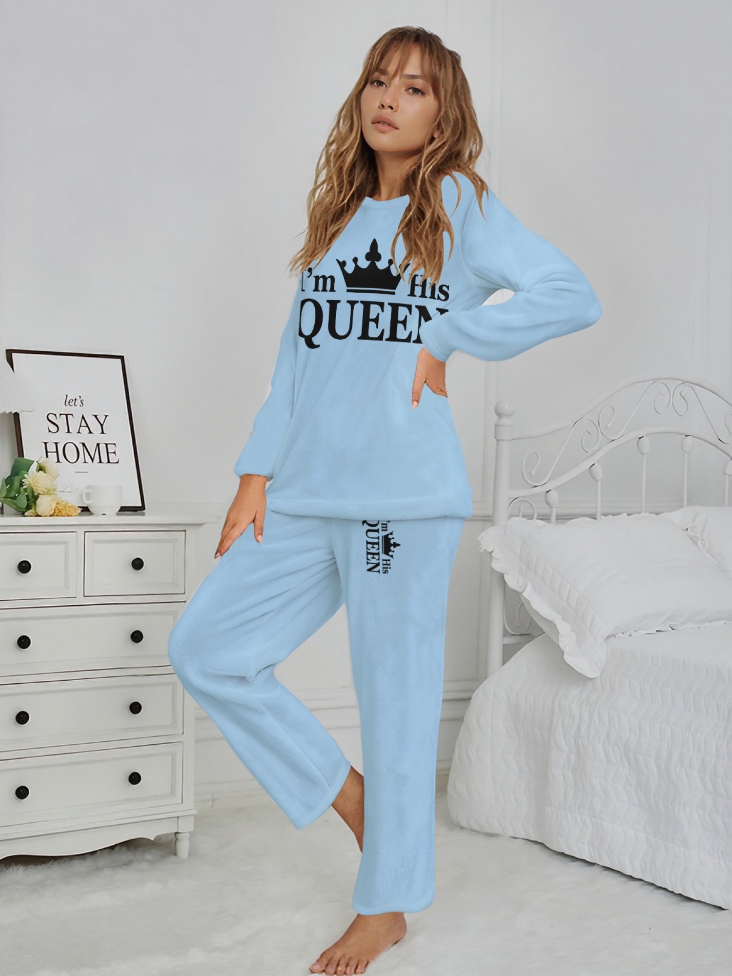 Women's "I'm His Queen" Crown Printed Flannel Pajama Set - Warm Fuzzy Sleepwear (6 Colors: Light Gray/Pink/Black/Navy/Orange/Light Blue)
