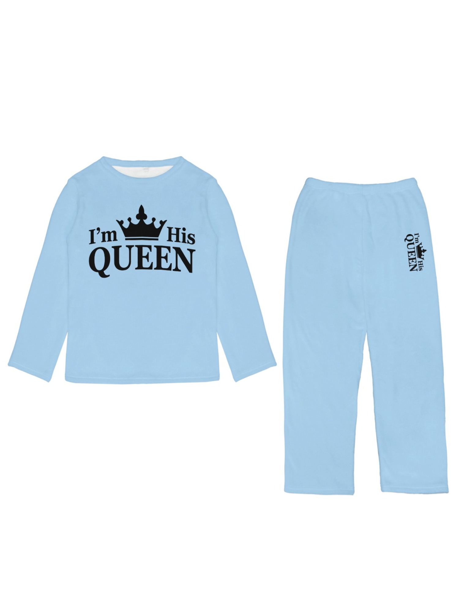 Women's "I'm His Queen" Crown Printed Flannel Pajama Set - Warm Fuzzy Sleepwear (6 Colors: Light Gray/Pink/Black/Navy/Orange/Light Blue)