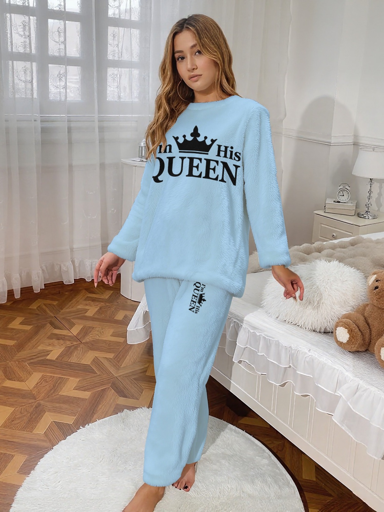Women's "I'm His Queen" Crown Printed Flannel Pajama Set - Warm Fuzzy Sleepwear (6 Colors: Light Gray/Pink/Black/Navy/Orange/Light Blue)