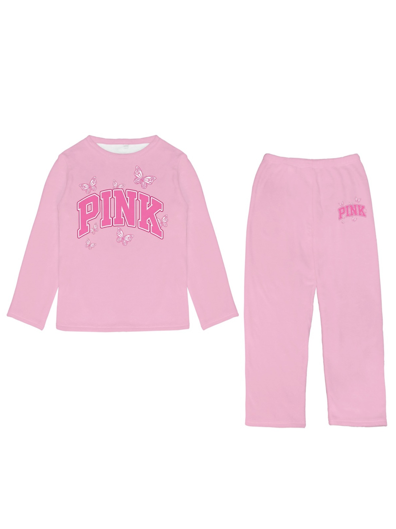 Women's Winter Flannel Pajama Set - Fun Pink Butterfly and Pink Letter Print, Casual and Stylish Home Wear, Comfortable and Warm Sleep Set, Versatile for Winter Sports and Outdoors, Gift