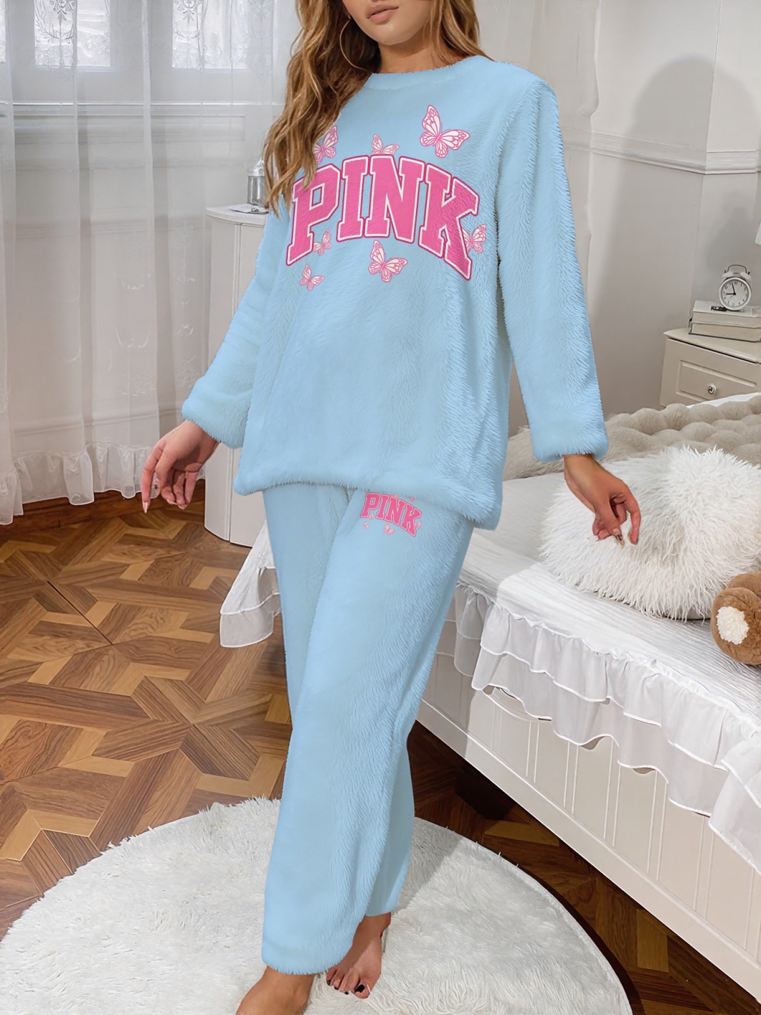 Women's Winter Flannel Pajama Set - Fun Pink Butterfly and Pink Letter Print, Casual and Stylish Home Wear, Comfortable and Warm Sleep Set, Versatile for Winter Sports and Outdoors, Gift