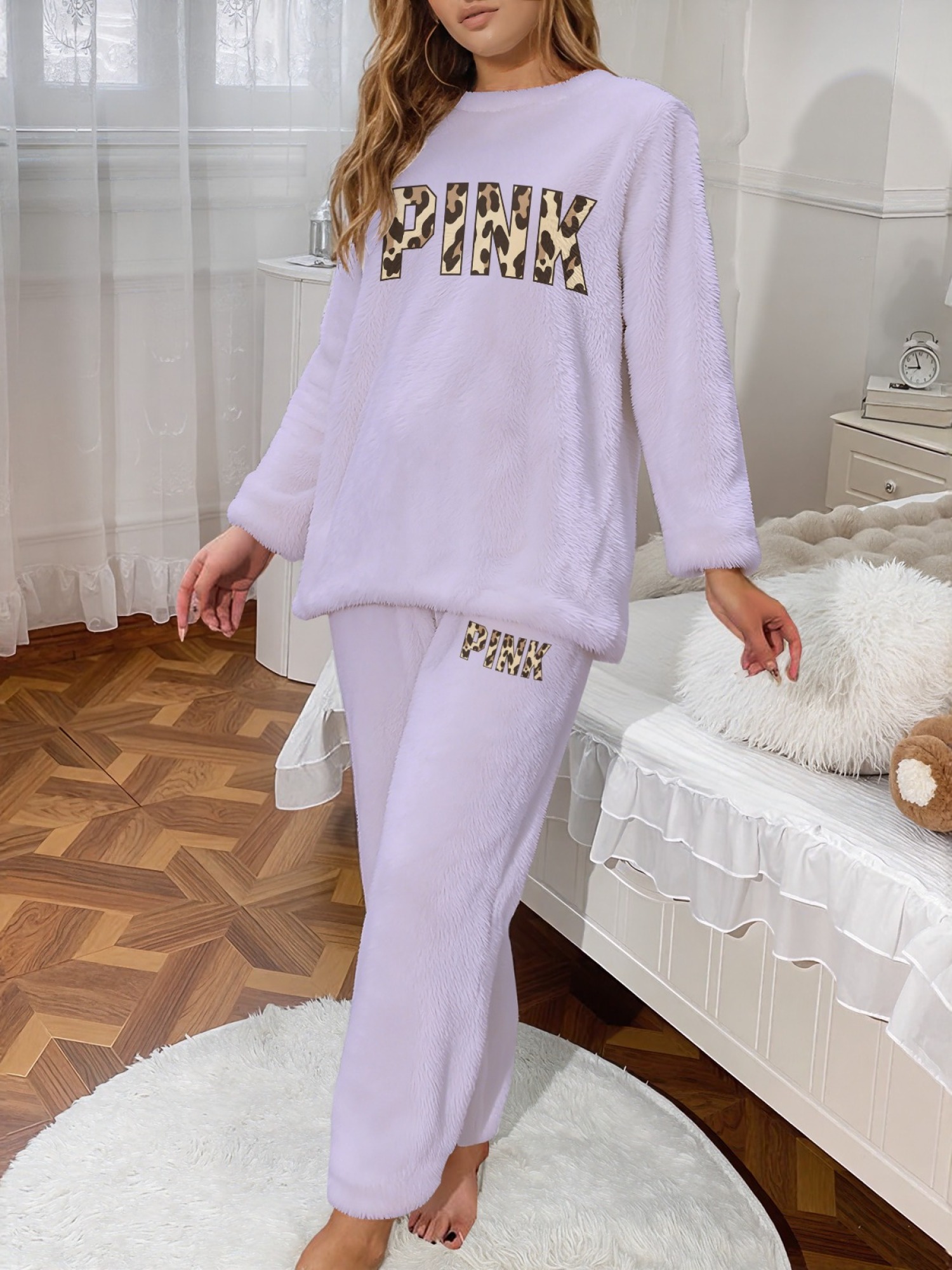 Women's Lavender Leopard PINK Printed Flannel Pajama Set - Warm Fuzzy Sleepwear