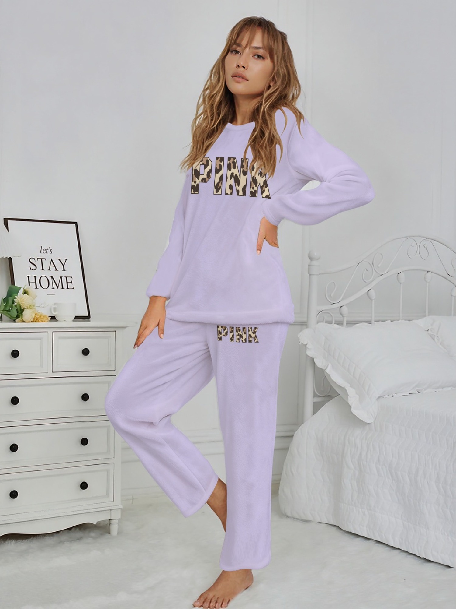 Women's Lavender Leopard PINK Printed Flannel Pajama Set - Warm Fuzzy Sleepwear