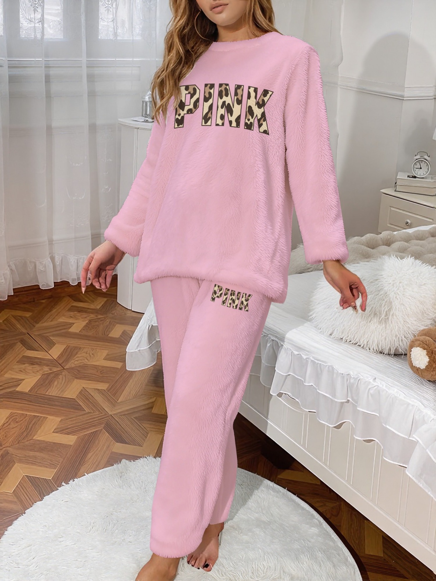 Women's Lavender Leopard PINK Printed Flannel Pajama Set - Warm Fuzzy Sleepwear