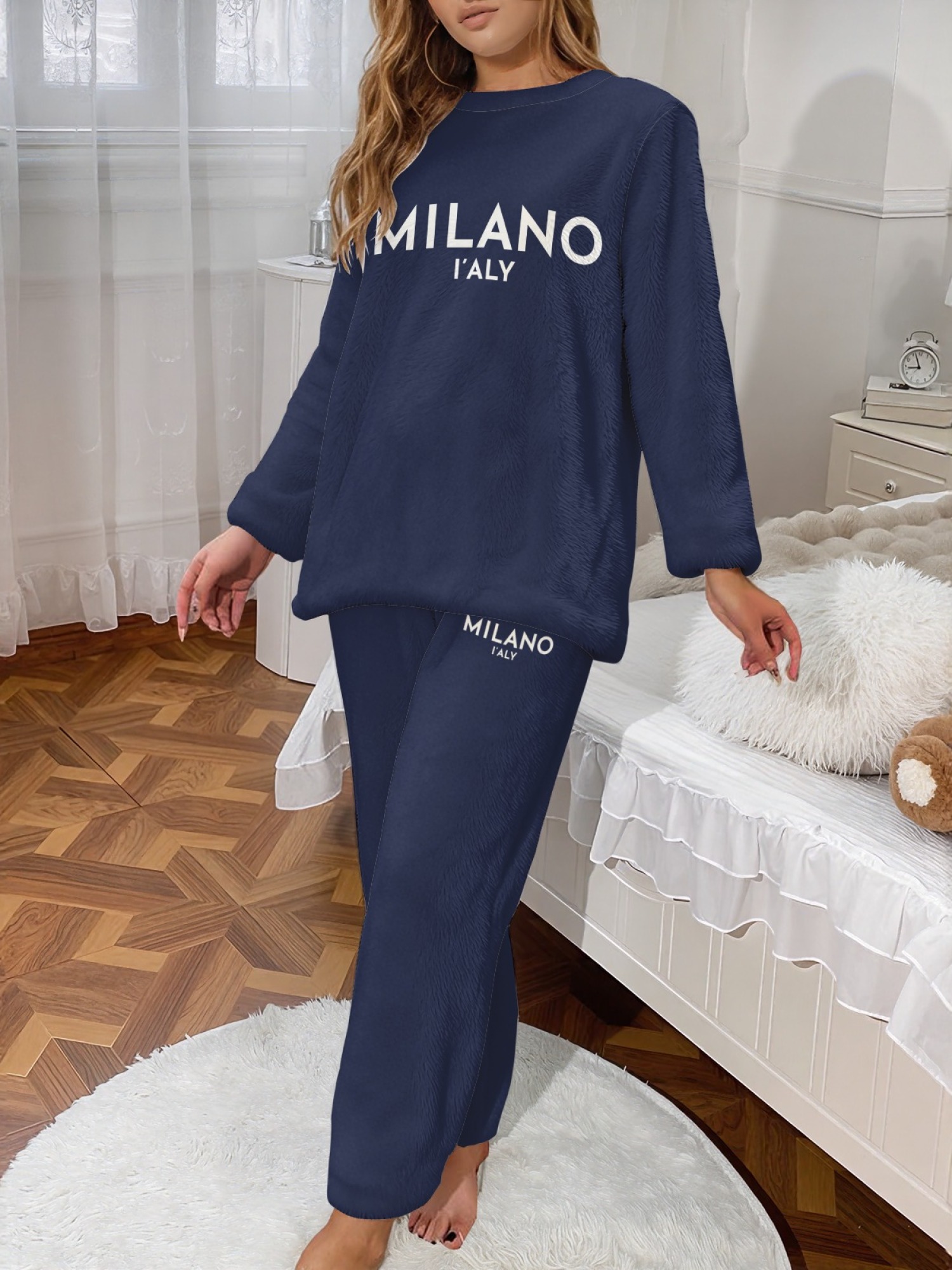 Women's "MILANO I'ALY" Letter Printed Flannel Pajama Set - Warm Fuzzy Sleepwear (5 Colors: Navy/Orange/Light Gray/Graphite Black/Beige)