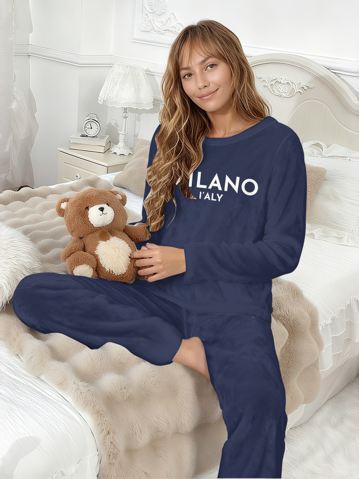 Women's "MILANO I'ALY" Letter Printed Flannel Pajama Set - Warm Fuzzy Sleepwear (5 Colors: Navy/Orange/Light Gray/Graphite Black/Beige)