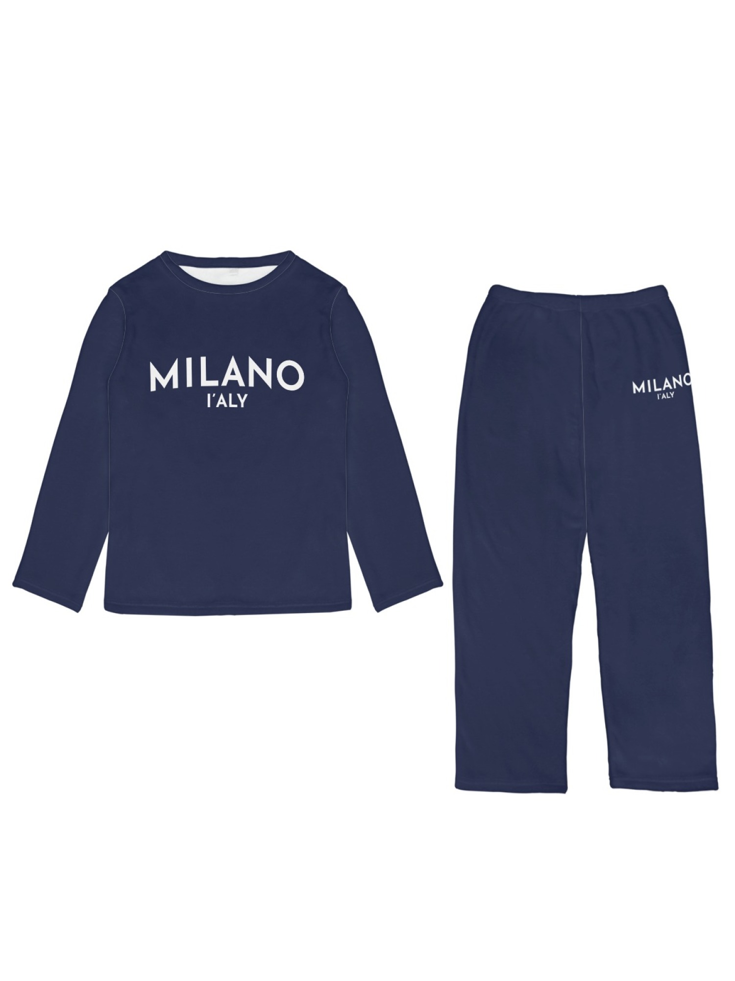 Women's "MILANO I'ALY" Letter Printed Flannel Pajama Set - Warm Fuzzy Sleepwear (5 Colors: Navy/Orange/Light Gray/Graphite Black/Beige)