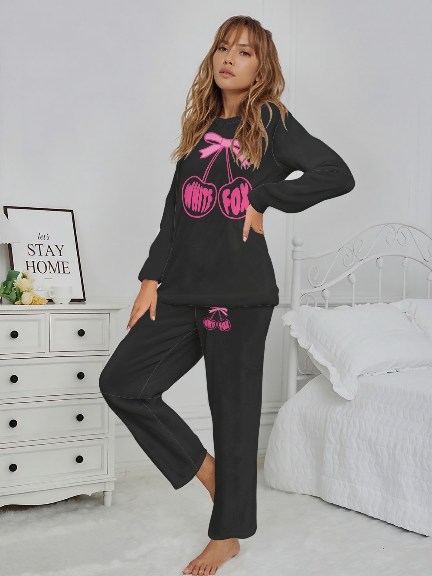 Women's "White Fox" Cherry Bow Printed Flannel Pajama Set - Warm Fuzzy Sleepwear (7 Colors: Graphite Black/Light Gray/Navy/Light Blue/Beige/Pink/Orange)