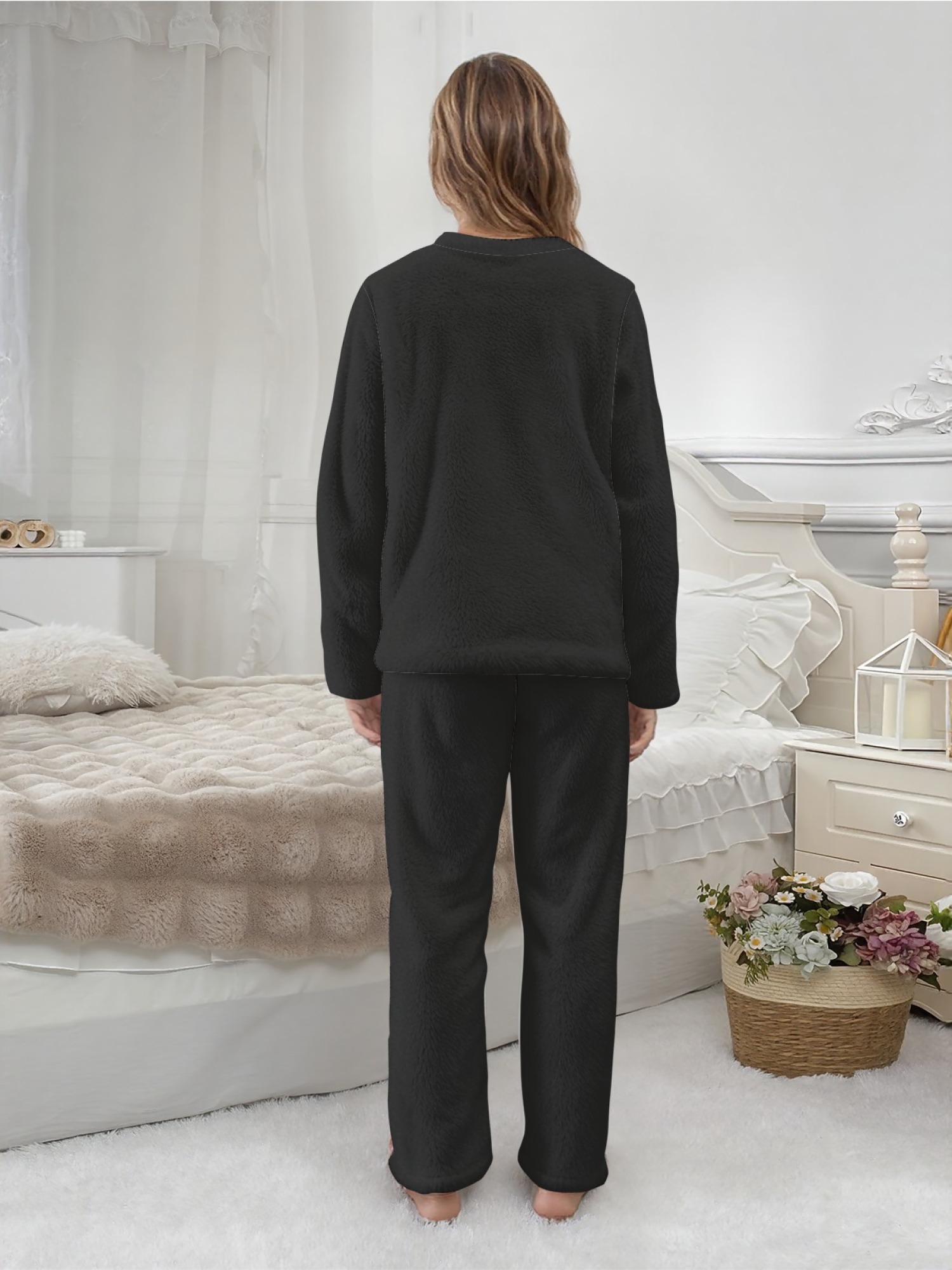 Women's "White Fox" Cherry Bow Printed Flannel Pajama Set - Warm Fuzzy Sleepwear (7 Colors: Graphite Black/Light Gray/Navy/Light Blue/Beige/Pink/Orange)