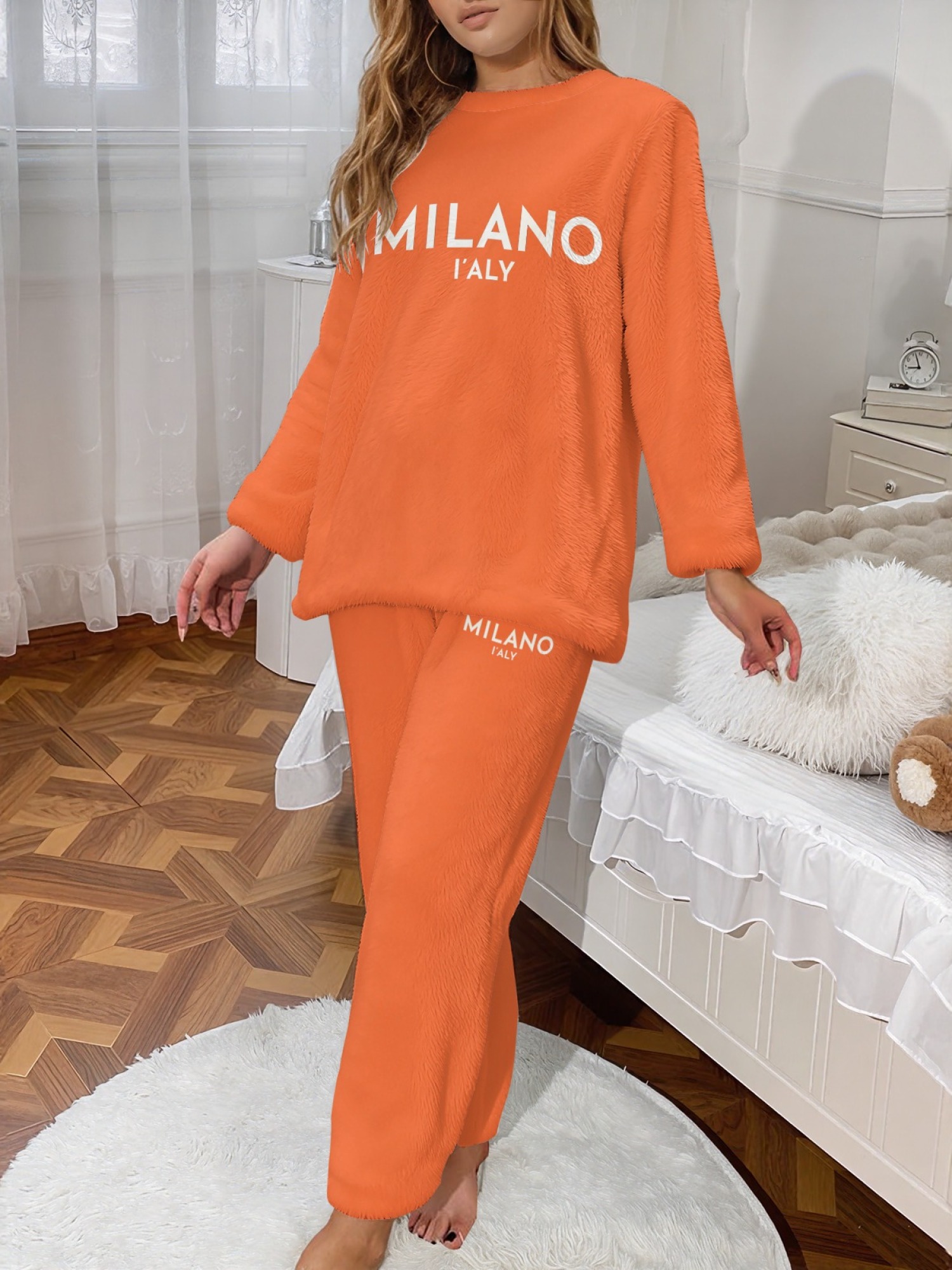 Women's "MILANO I'ALY" Letter Printed Flannel Pajama Set - Warm Fuzzy Sleepwear (5 Colors: Navy/Orange/Light Gray/Graphite Black/Beige)