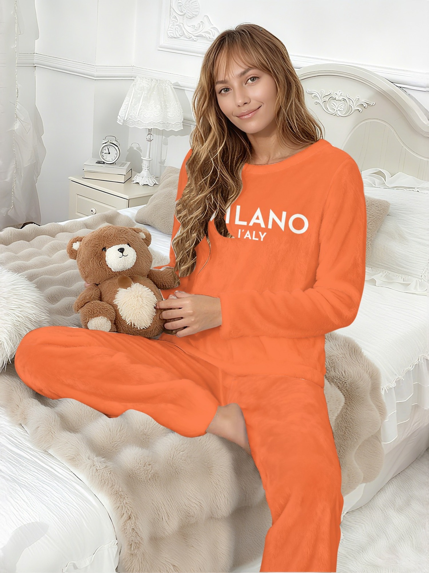 Women's "MILANO I'ALY" Letter Printed Flannel Pajama Set - Warm Fuzzy Sleepwear (5 Colors: Navy/Orange/Light Gray/Graphite Black/Beige)