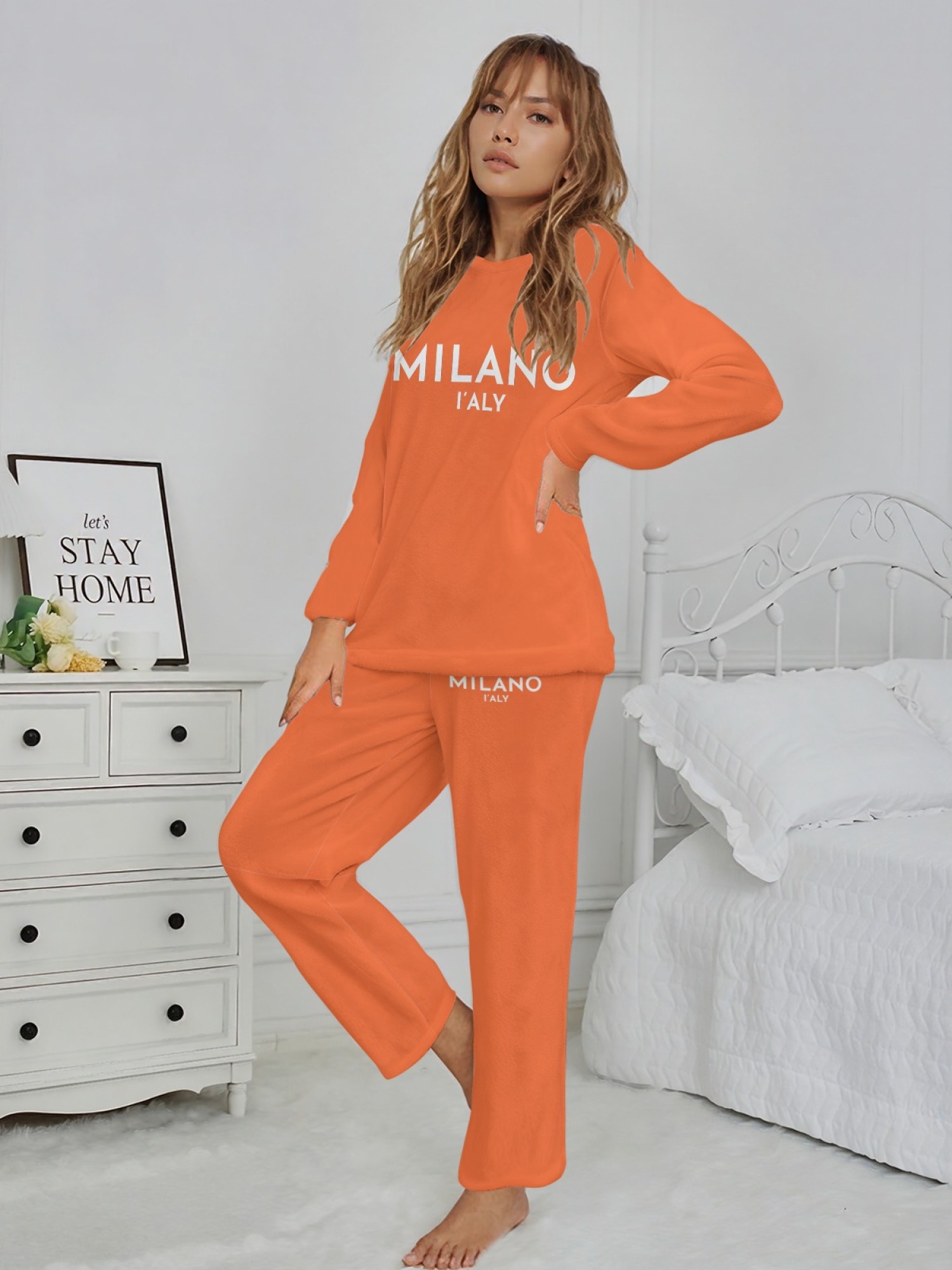 Women's "MILANO I'ALY" Letter Printed Flannel Pajama Set - Warm Fuzzy Sleepwear (5 Colors: Navy/Orange/Light Gray/Graphite Black/Beige)