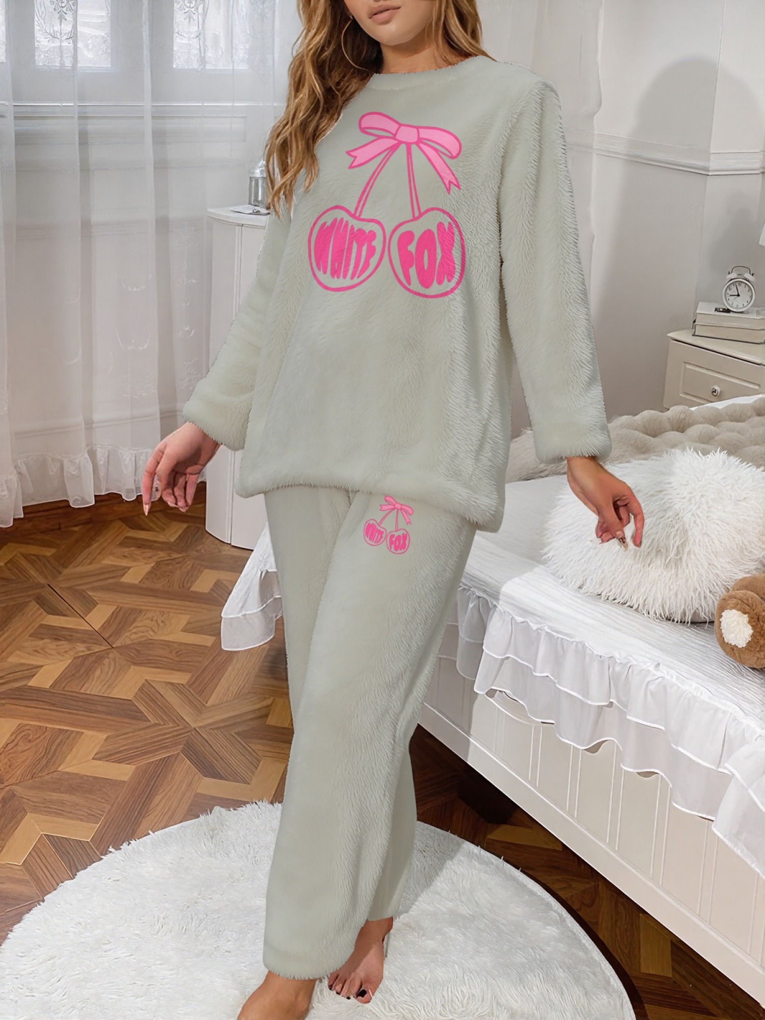 Women's "White Fox" Cherry Bow Printed Flannel Pajama Set - Warm Fuzzy Sleepwear (7 Colors: Graphite Black/Light Gray/Navy/Light Blue/Beige/Pink/Orange)