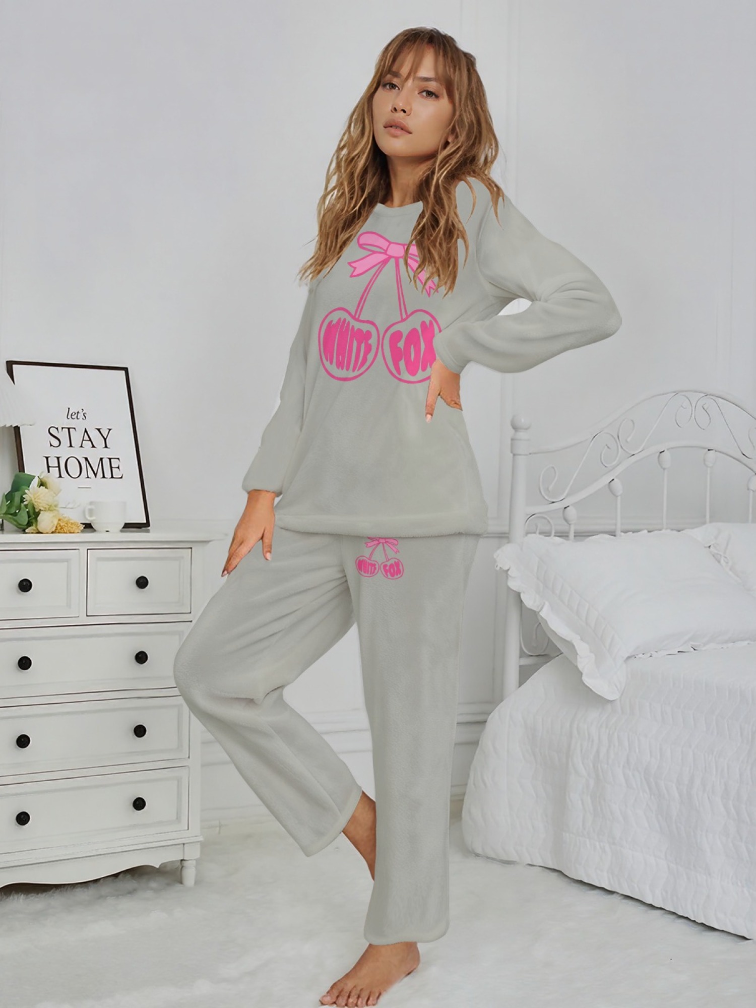 Women's "White Fox" Cherry Bow Printed Flannel Pajama Set - Warm Fuzzy Sleepwear (7 Colors: Graphite Black/Light Gray/Navy/Light Blue/Beige/Pink/Orange)