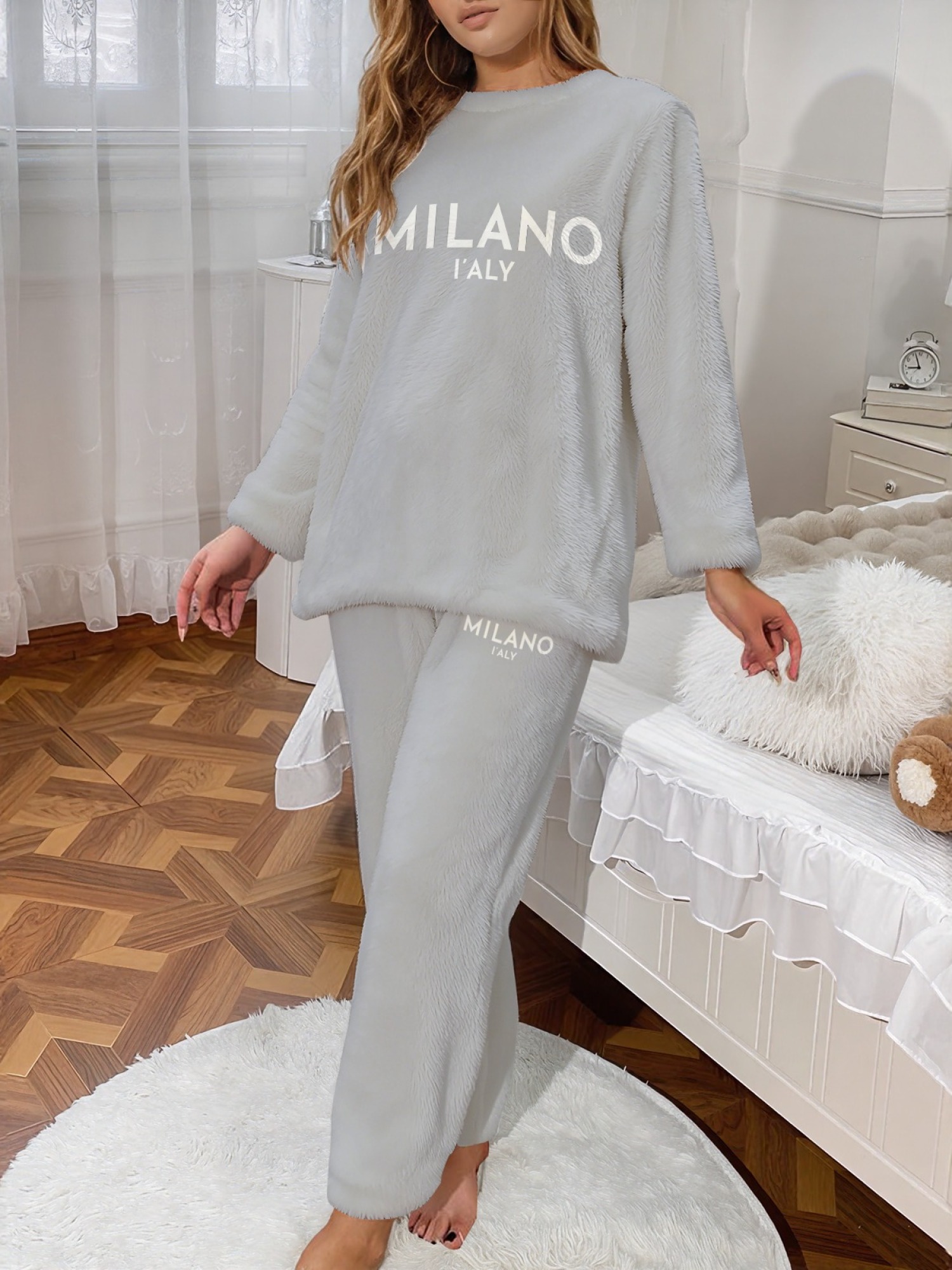 Women's "MILANO I'ALY" Letter Printed Flannel Pajama Set - Warm Fuzzy Sleepwear (5 Colors: Navy/Orange/Light Gray/Graphite Black/Beige)