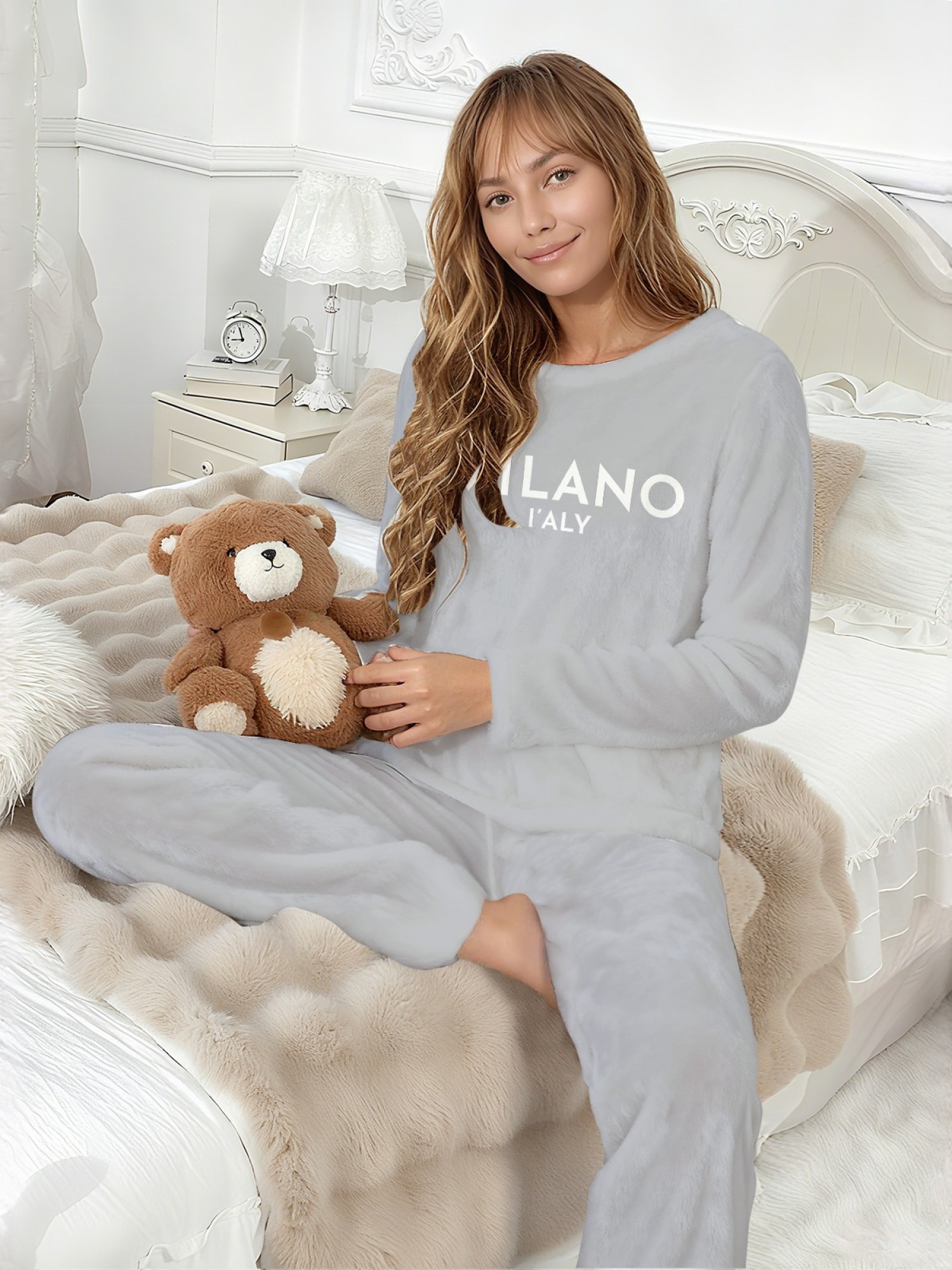 Women's "MILANO I'ALY" Letter Printed Flannel Pajama Set - Warm Fuzzy Sleepwear (5 Colors: Navy/Orange/Light Gray/Graphite Black/Beige)