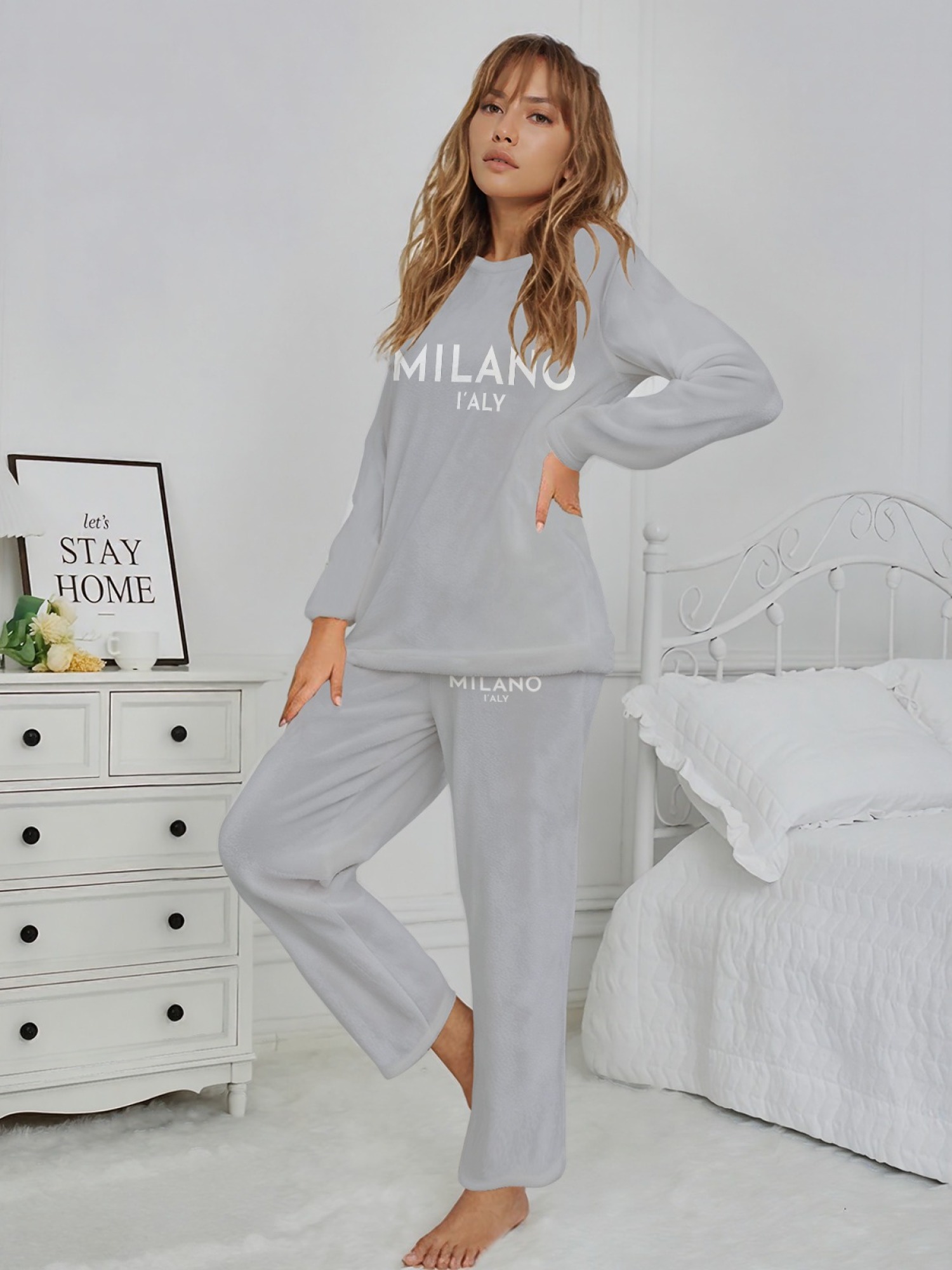 Women's "MILANO I'ALY" Letter Printed Flannel Pajama Set - Warm Fuzzy Sleepwear (5 Colors: Navy/Orange/Light Gray/Graphite Black/Beige)