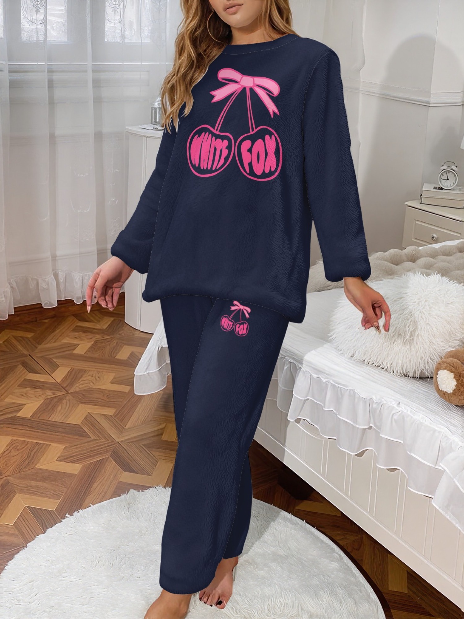 Women's "White Fox" Cherry Bow Printed Flannel Pajama Set - Warm Fuzzy Sleepwear (7 Colors: Graphite Black/Light Gray/Navy/Light Blue/Beige/Pink/Orange)