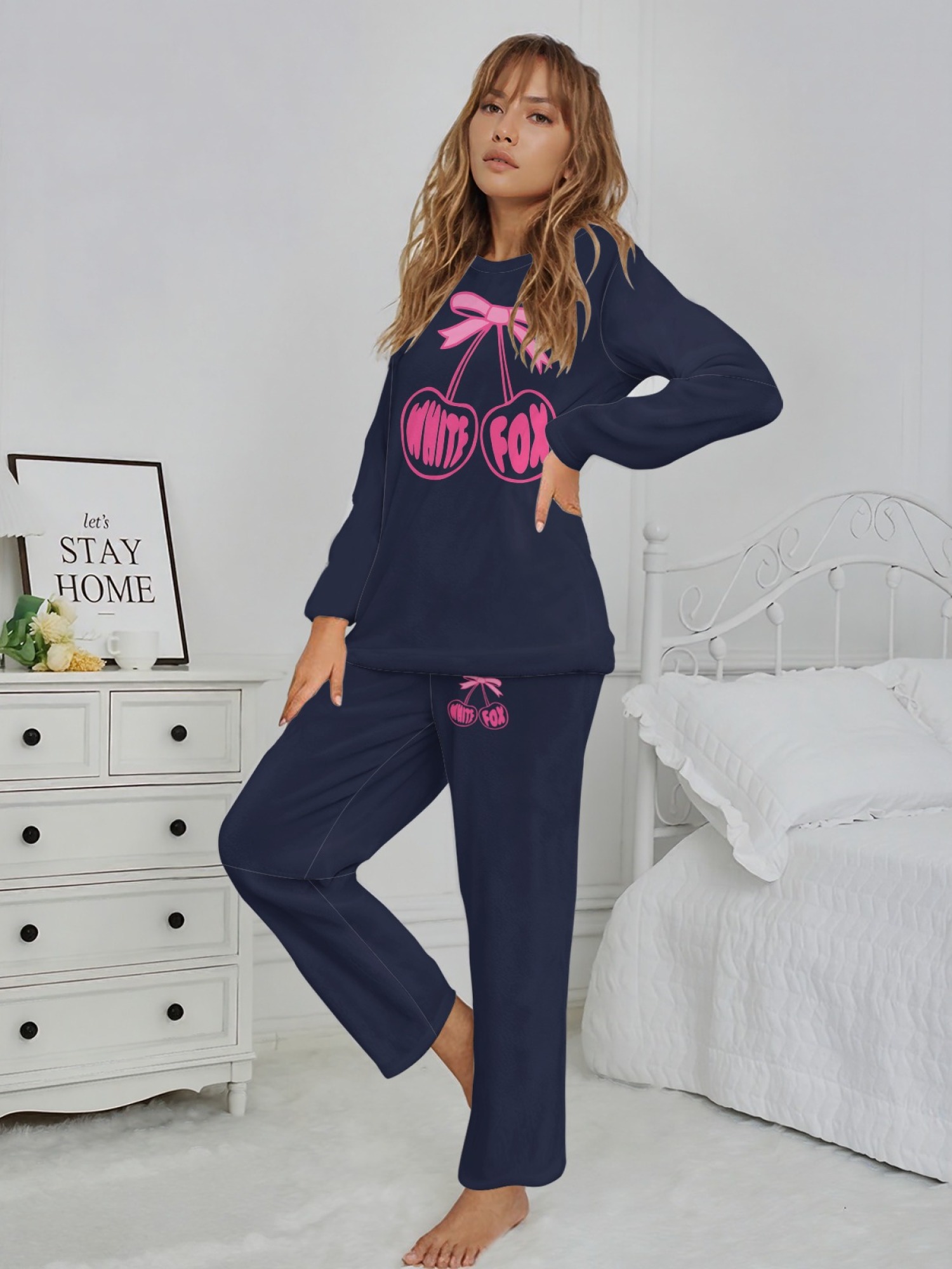Women's "White Fox" Cherry Bow Printed Flannel Pajama Set - Warm Fuzzy Sleepwear (7 Colors: Graphite Black/Light Gray/Navy/Light Blue/Beige/Pink/Orange)