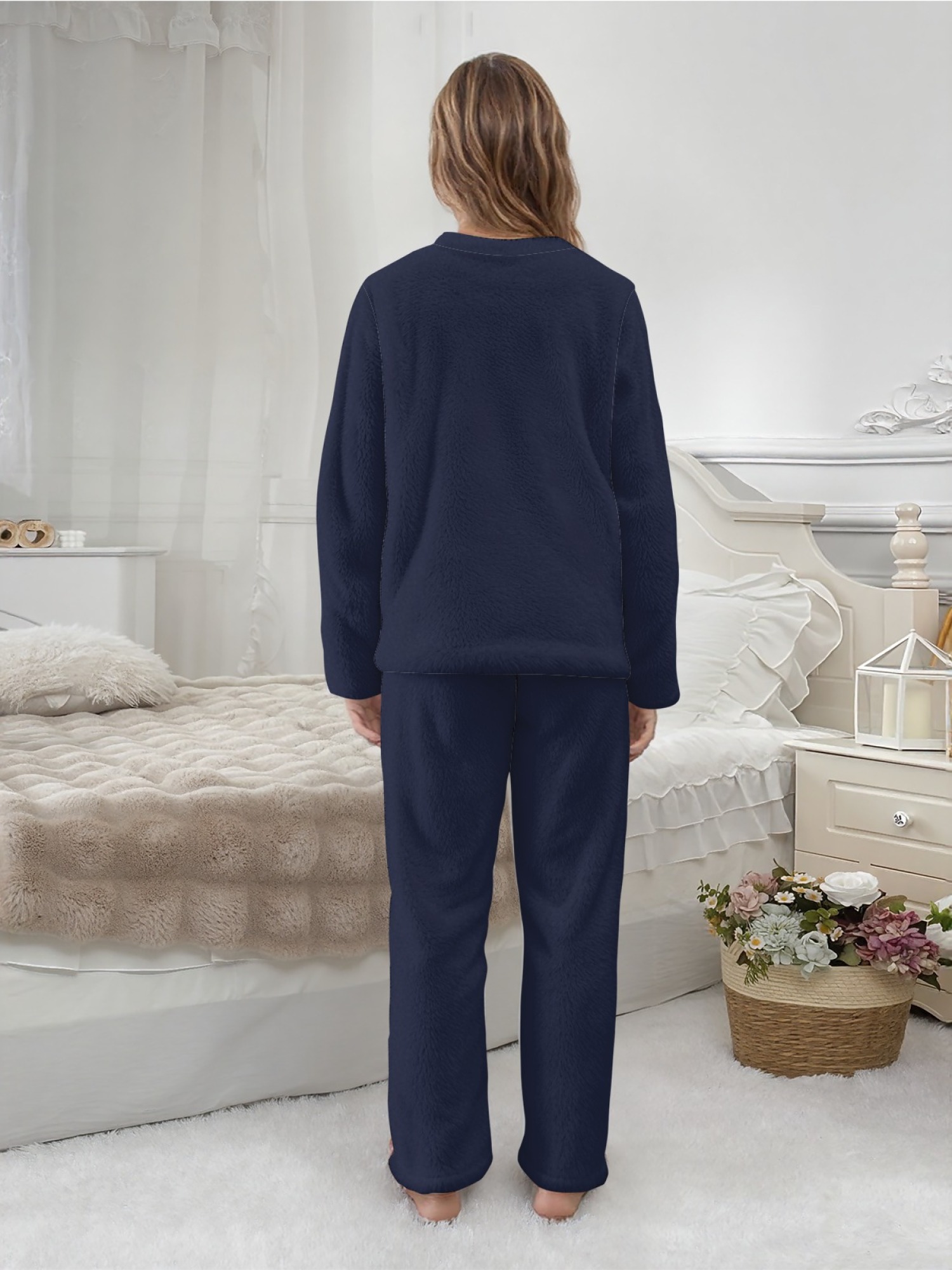 Women's "White Fox" Cherry Bow Printed Flannel Pajama Set - Warm Fuzzy Sleepwear (7 Colors: Graphite Black/Light Gray/Navy/Light Blue/Beige/Pink/Orange)