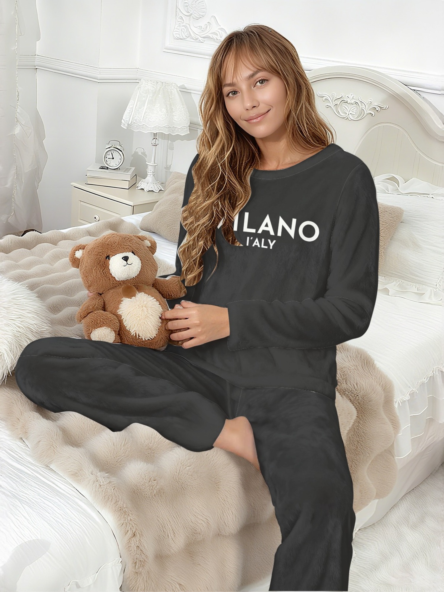 Women's "MILANO I'ALY" Letter Printed Flannel Pajama Set - Warm Fuzzy Sleepwear (5 Colors: Navy/Orange/Light Gray/Graphite Black/Beige)