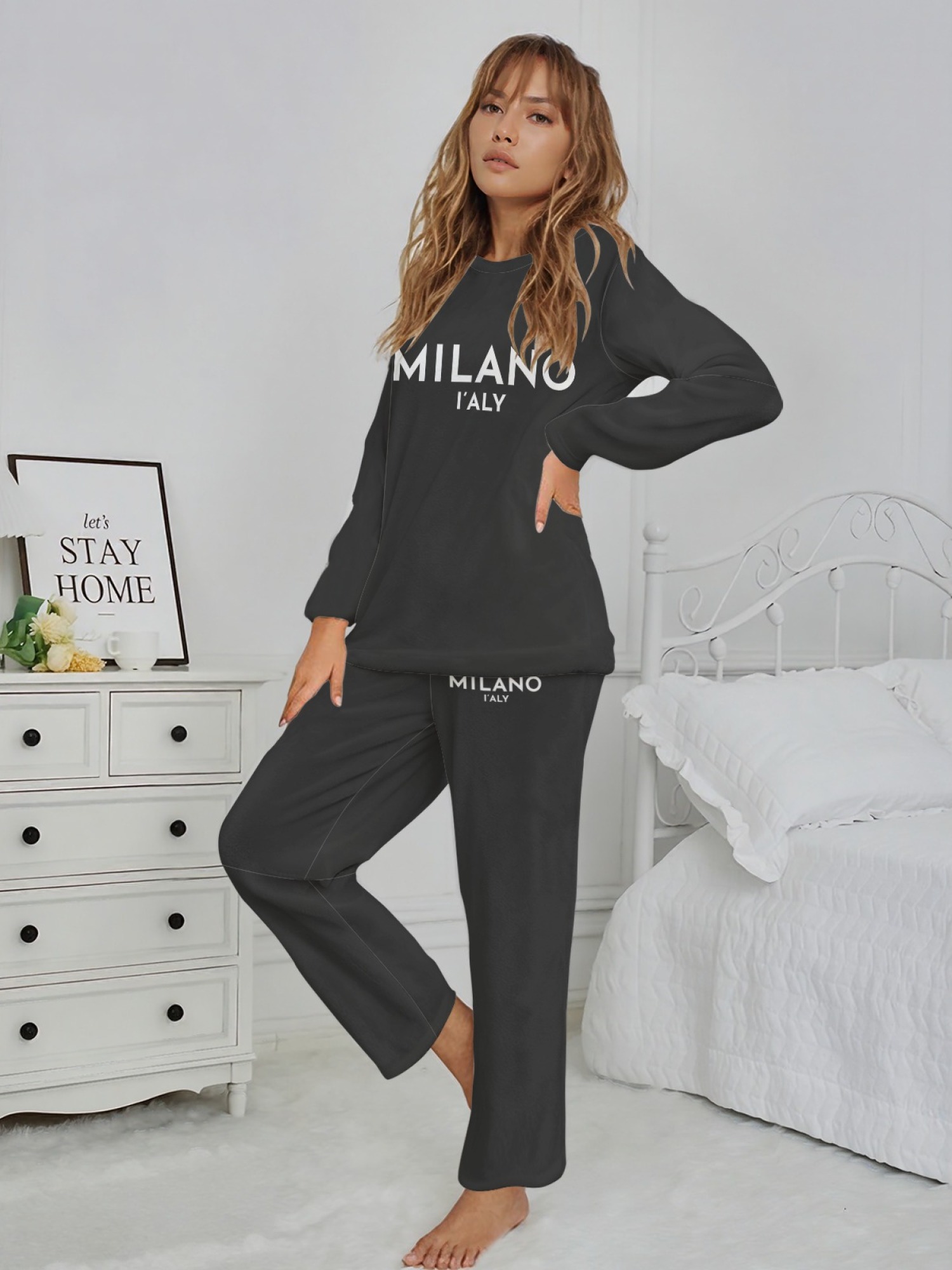 Women's "MILANO I'ALY" Letter Printed Flannel Pajama Set - Warm Fuzzy Sleepwear (5 Colors: Navy/Orange/Light Gray/Graphite Black/Beige)