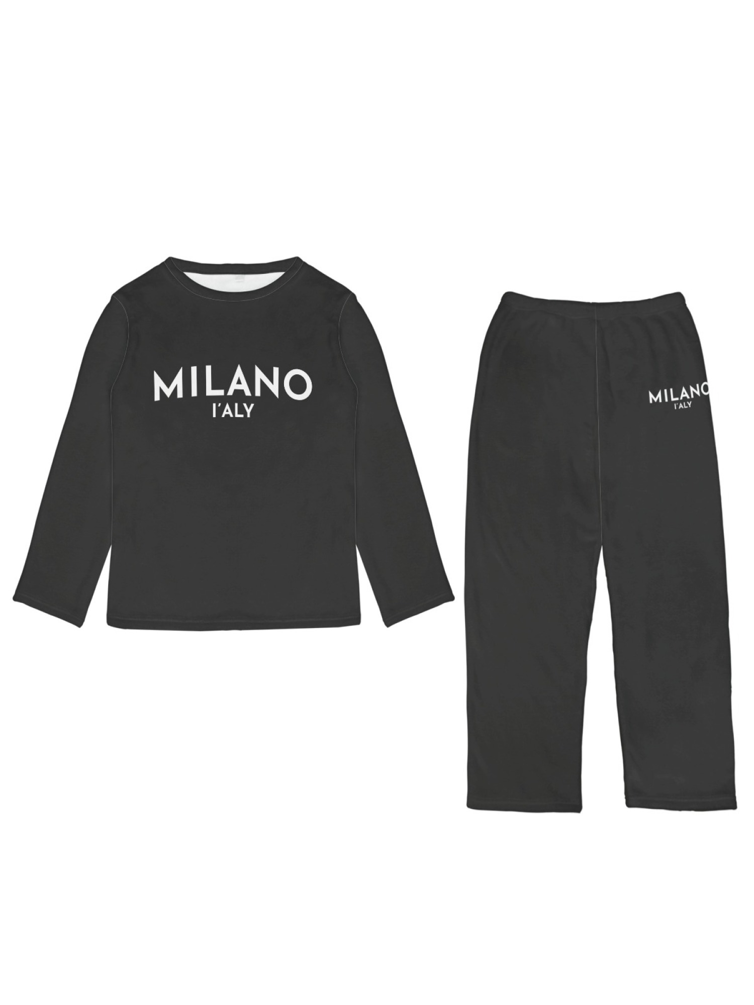 Women's "MILANO I'ALY" Letter Printed Flannel Pajama Set - Warm Fuzzy Sleepwear (5 Colors: Navy/Orange/Light Gray/Graphite Black/Beige)