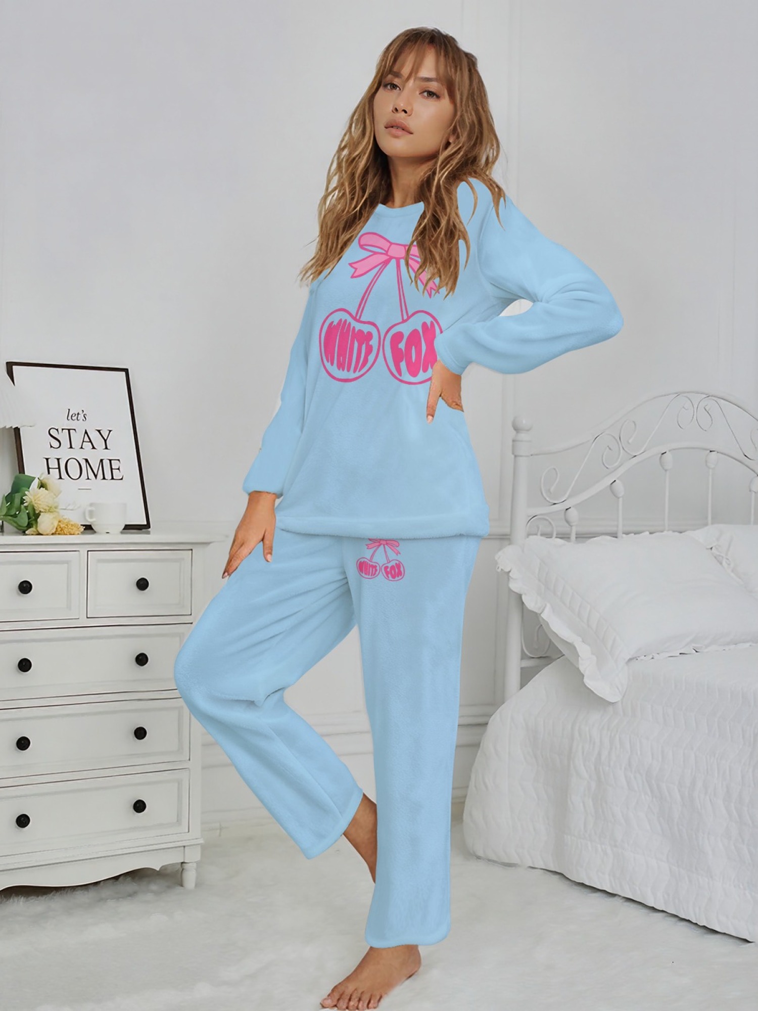 Women's "White Fox" Cherry Bow Printed Flannel Pajama Set - Warm Fuzzy Sleepwear (7 Colors: Graphite Black/Light Gray/Navy/Light Blue/Beige/Pink/Orange)