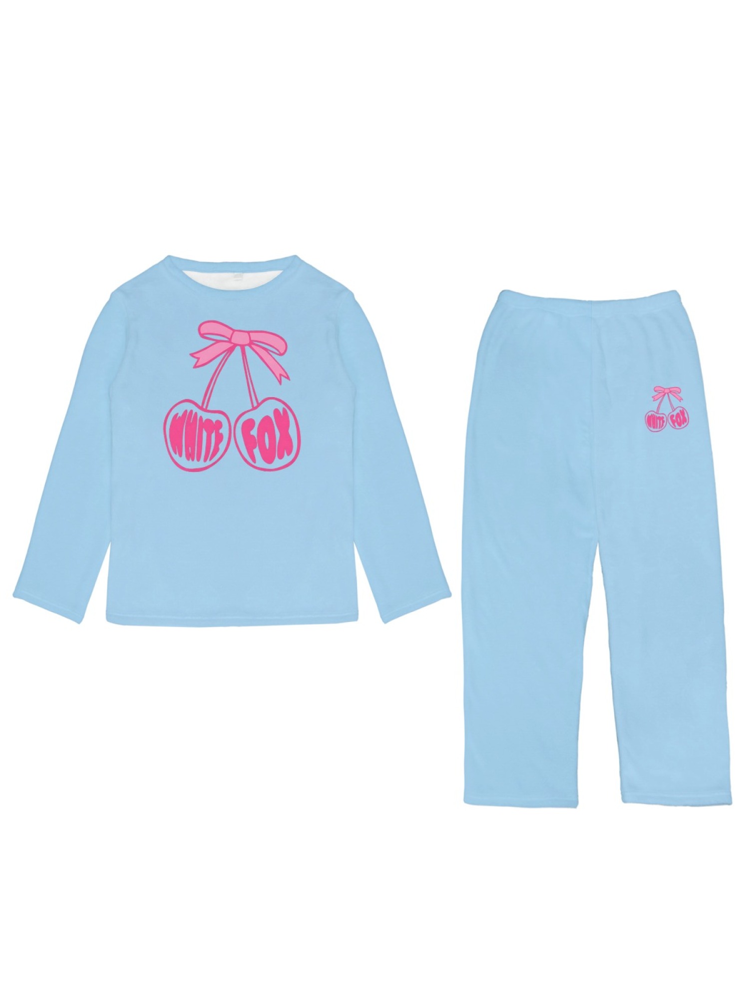 Women's "White Fox" Cherry Bow Printed Flannel Pajama Set - Warm Fuzzy Sleepwear (7 Colors: Graphite Black/Light Gray/Navy/Light Blue/Beige/Pink/Orange)