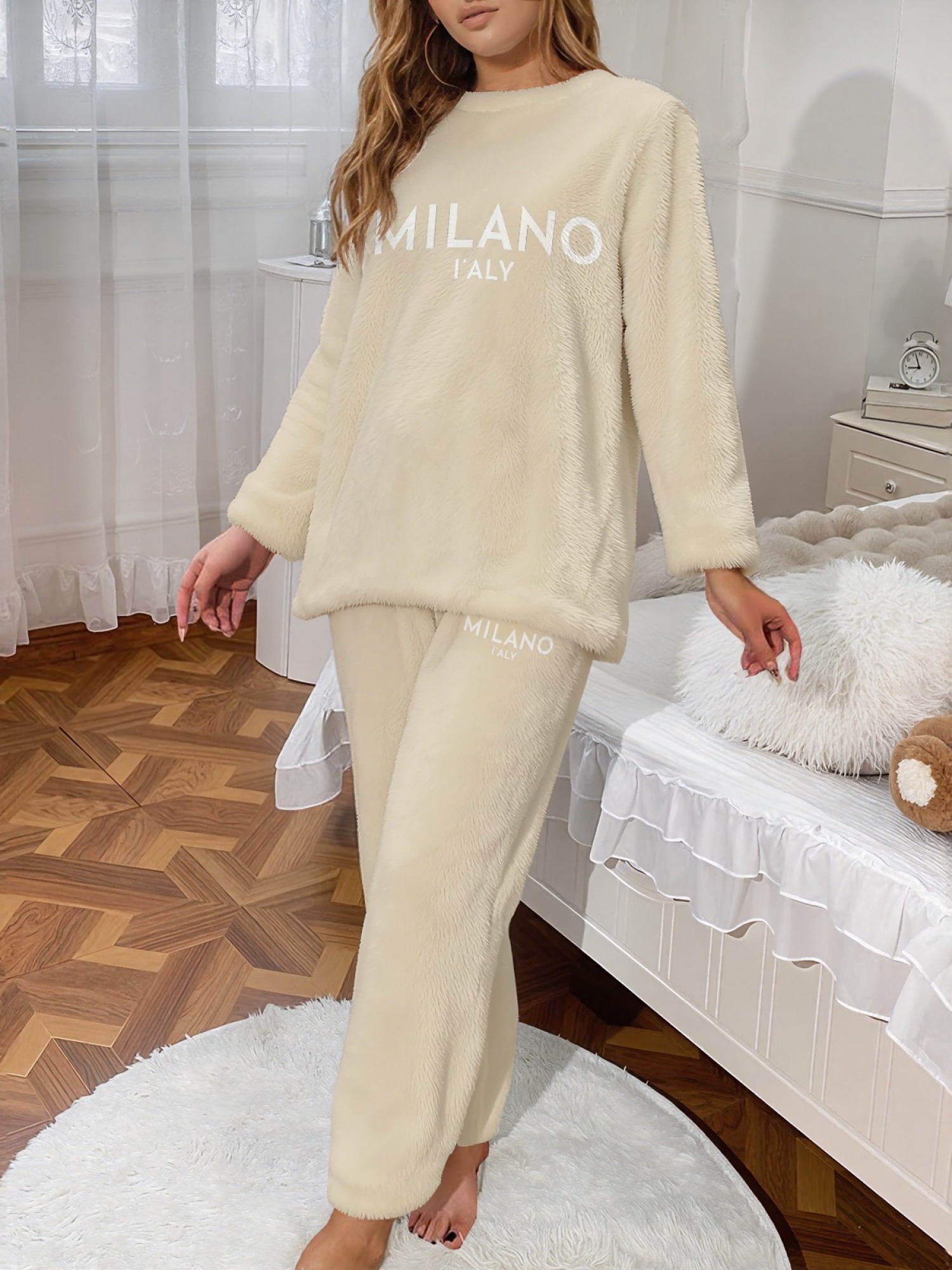Women's "MILANO I'ALY" Letter Printed Flannel Pajama Set - Warm Fuzzy Sleepwear (5 Colors: Navy/Orange/Light Gray/Graphite Black/Beige)